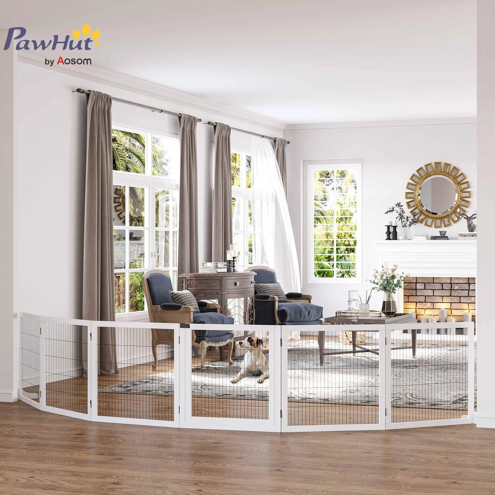 PawHut Barrera de Seguridad para Perros de Madera Plegable, para Escaleras y Puertas, Valla para Perros Pequeños y Medianos de 6 Paneles, con Soporte de Pie, para Interiores, 432x36x70 cm, Blanco