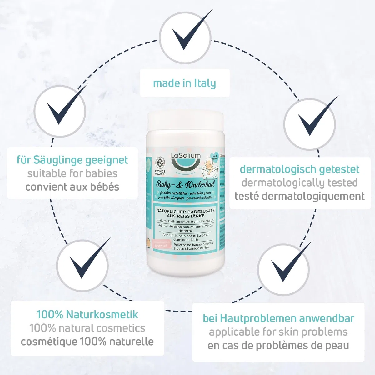 Bio Polvo de almidón de arroz – baño para bebés 100% natural – calma la piel sensible de niños y bebés - sin perfume y dermotológicamente testado