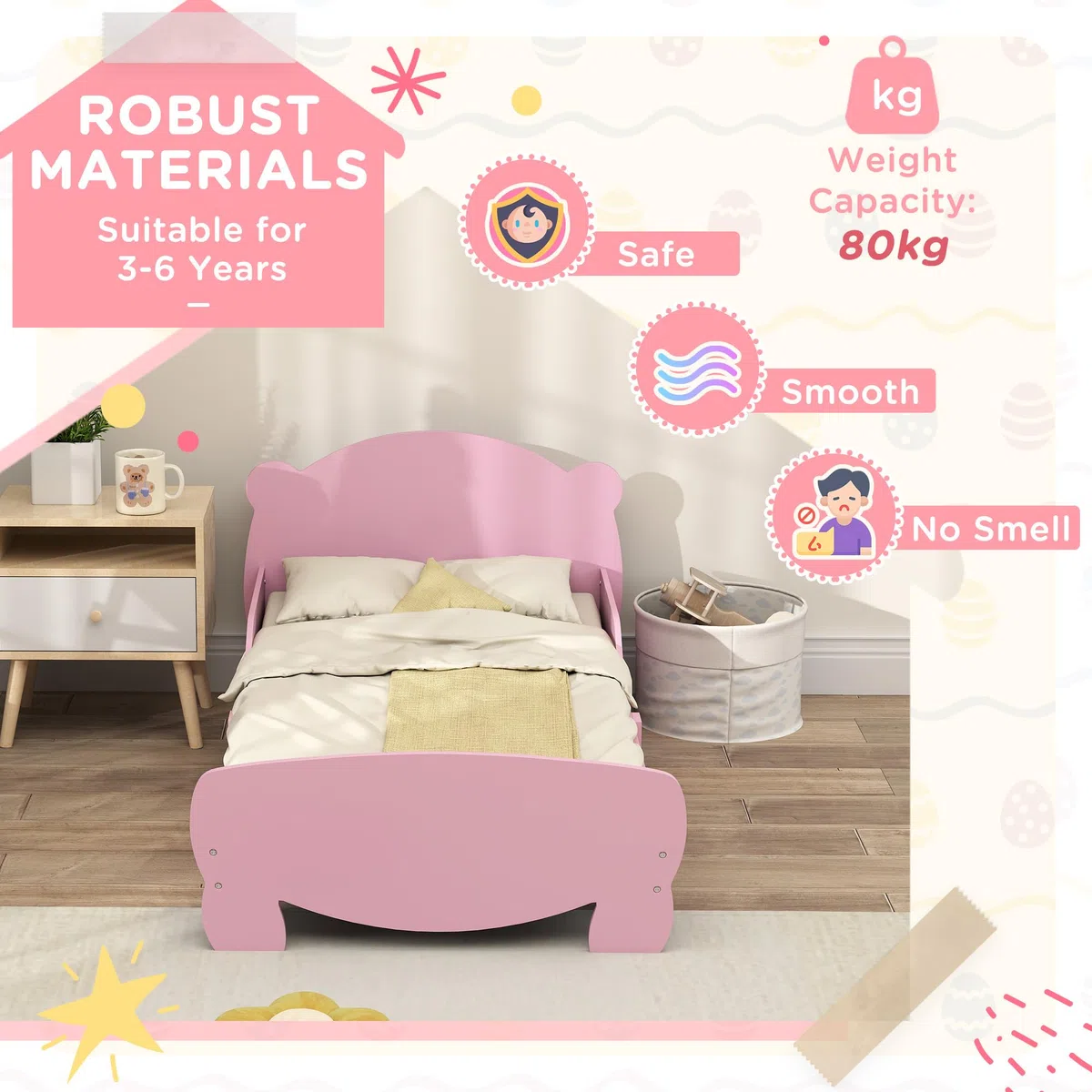 AIYAPLAY Cama Infantil Montessori para Niños de 3 a 6 Años, Cama Infantil Individual de 140x70 cm con Laterales Anticaída y Somier de Láminas de Madera en Forma de Oso para Habitación Infantil, Rosa