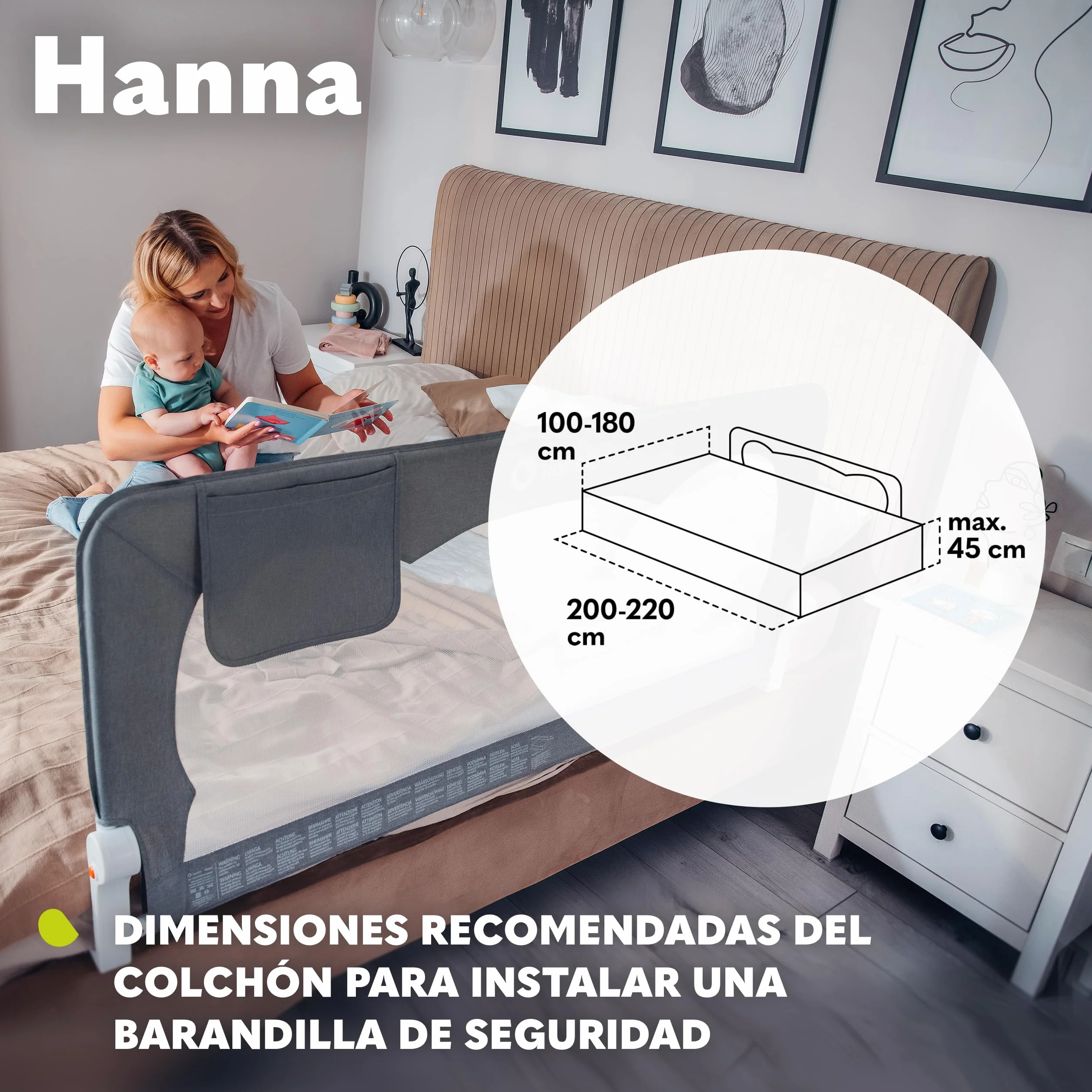 lionelo Hanna Barrera de Cama 150 x 65 cm – Protección contra Caídas con Cinturones SecureBelt, Apta para la mayoría de los colchones, Malla Transpirable, Fácil Montaje