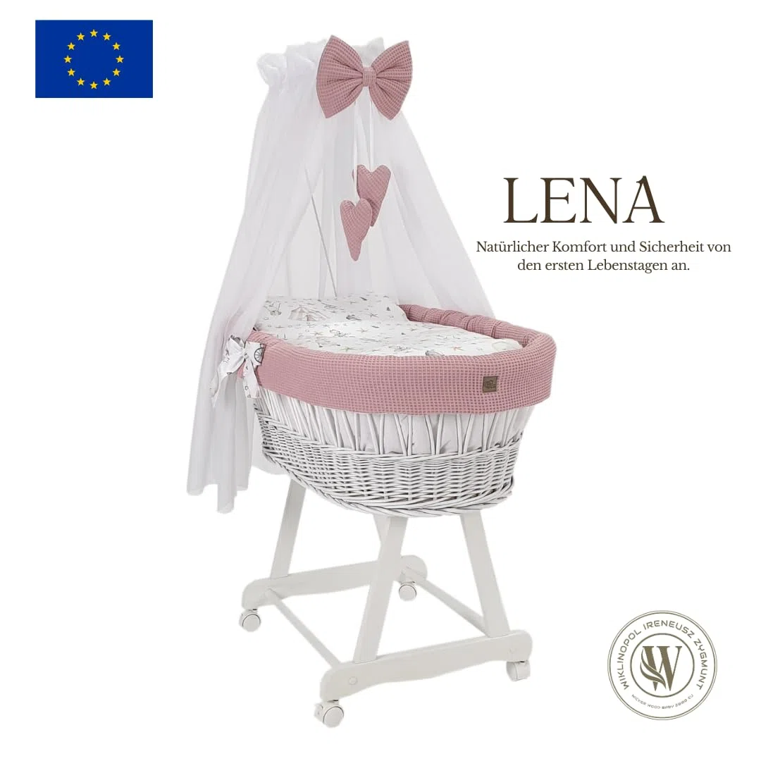 Moisés blanco con estructura, dosel colchón y ropa de cama de tela de gofre, ruedas silenciosas (rosa - conejito)