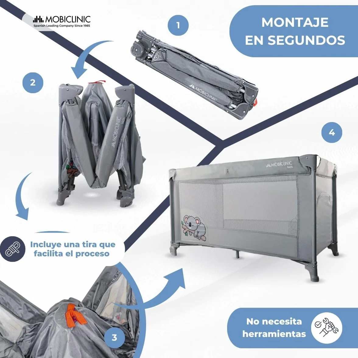 Mobiclinic Cuna de Viaje Bolsa Transporte 2 en 1 Plegado ultracompacto Colchón extraíble hasta 15kg Tela Transpirable Entrada Lateral con Cremallera Parque bebé Ruedas Gris