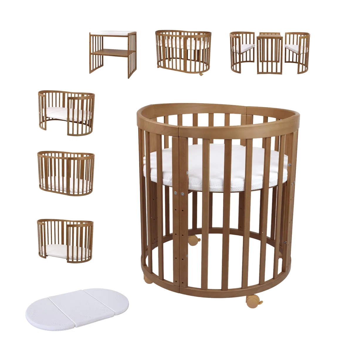 waldin Cuna Ovalada 7en1, Colchón y Ruedas, con Estante, Madera Vintage | Sin Juego de Textiles, de Crecimiento, Cama para Bebé, Colecho de Madera, Evolutiva, Mecedora Opcional