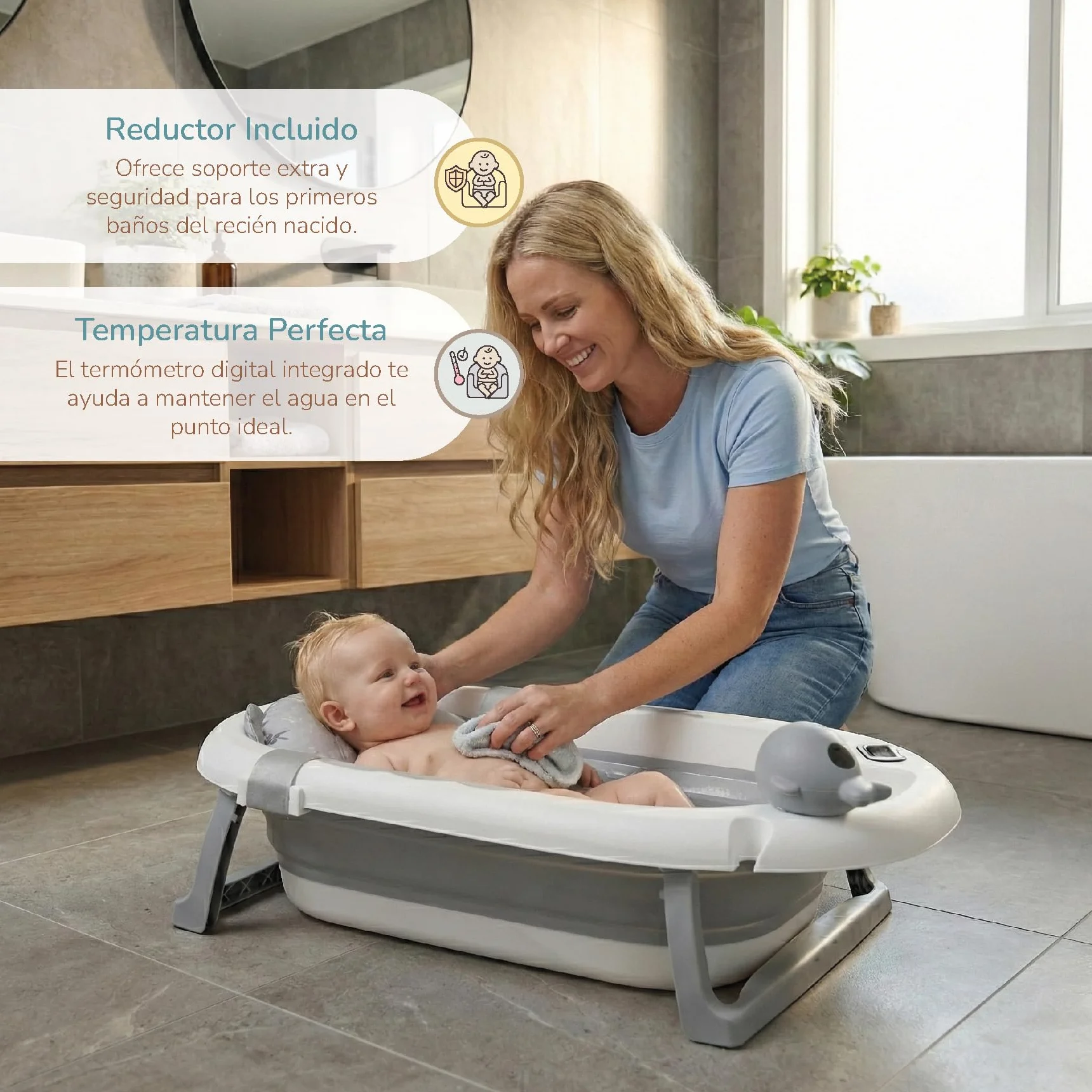 Buddy Baby - Bañera Plegable BebéSplash con Temperatura - Desde 0 meses - Cojín reductor extraíble - Base antideslizante - Tapón desagüe - Diseño compacto y portátil - Regadera ballena