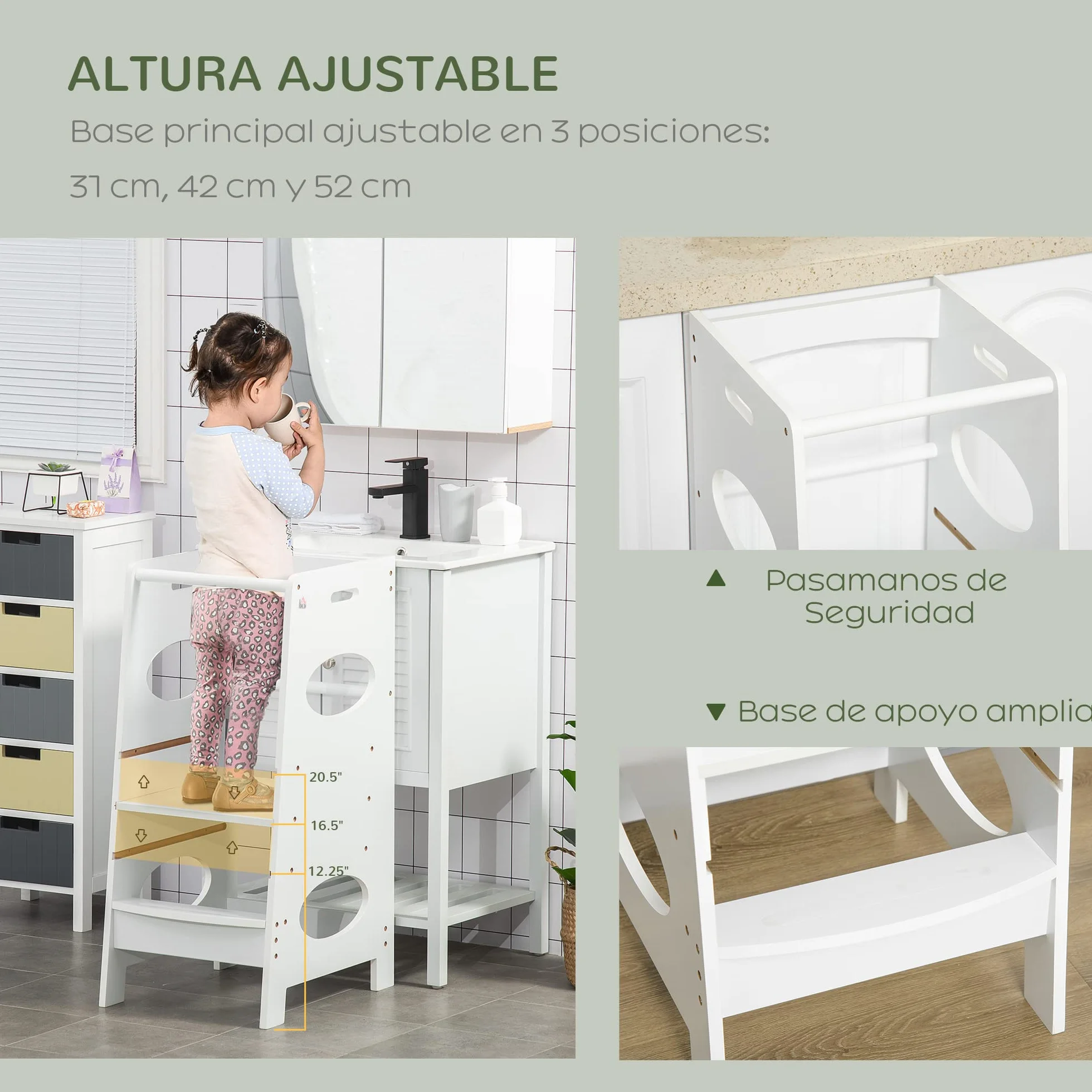 HOMCOM Torre de Aprendizaje Madera Niños Taburete Cocina Infantil Altura Ajustable 3 Posiciones Barra Seguridad 40x50x90 cm Blanco