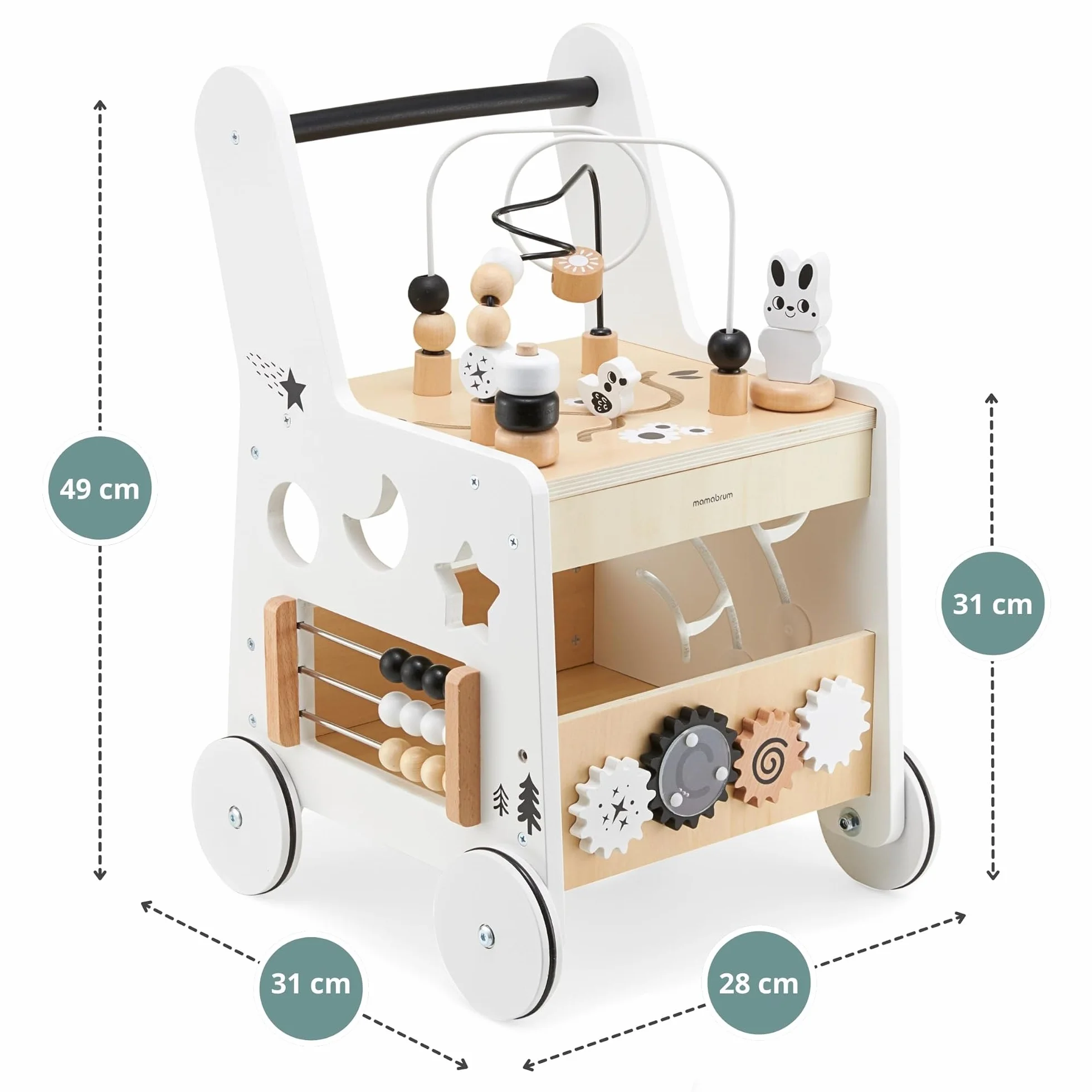 Mamabrum Caminadora y Andador Bebé 6 en 1 - Mesa Educativa de Madera con Ábaco, Engranajes y Juegos - Centro de Actividades para Primeros Pasos - 31 x 28 x 49 cm