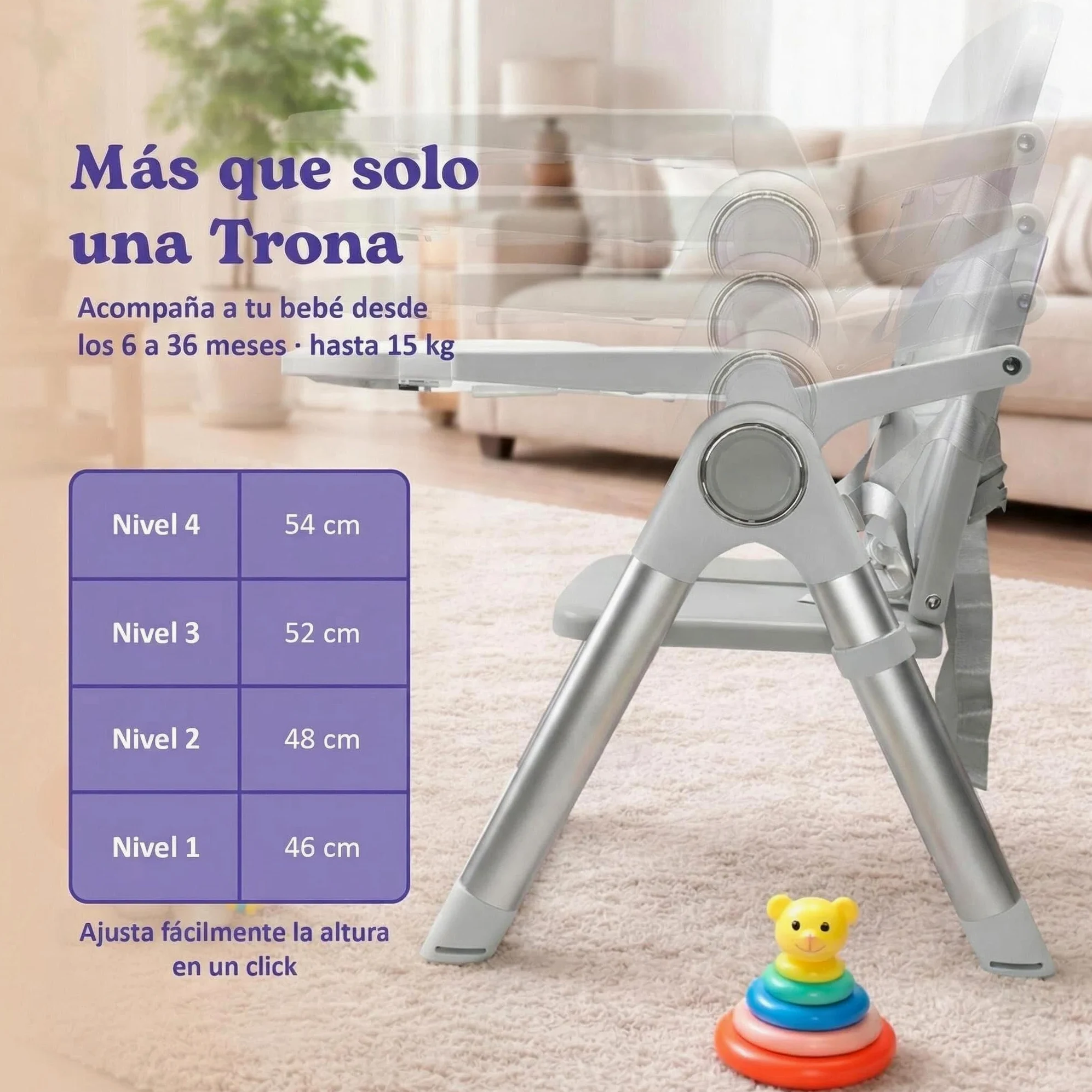 Trona Portátil Plegable Premium para Bebé 2 en 1, Elevador de Silla con Correas de Fijación, 4 Alturas, Bandeja Extraíble, Bolsa de Transporte, 6-36 Meses, hasta 15 kg (GRIS + PLATA)