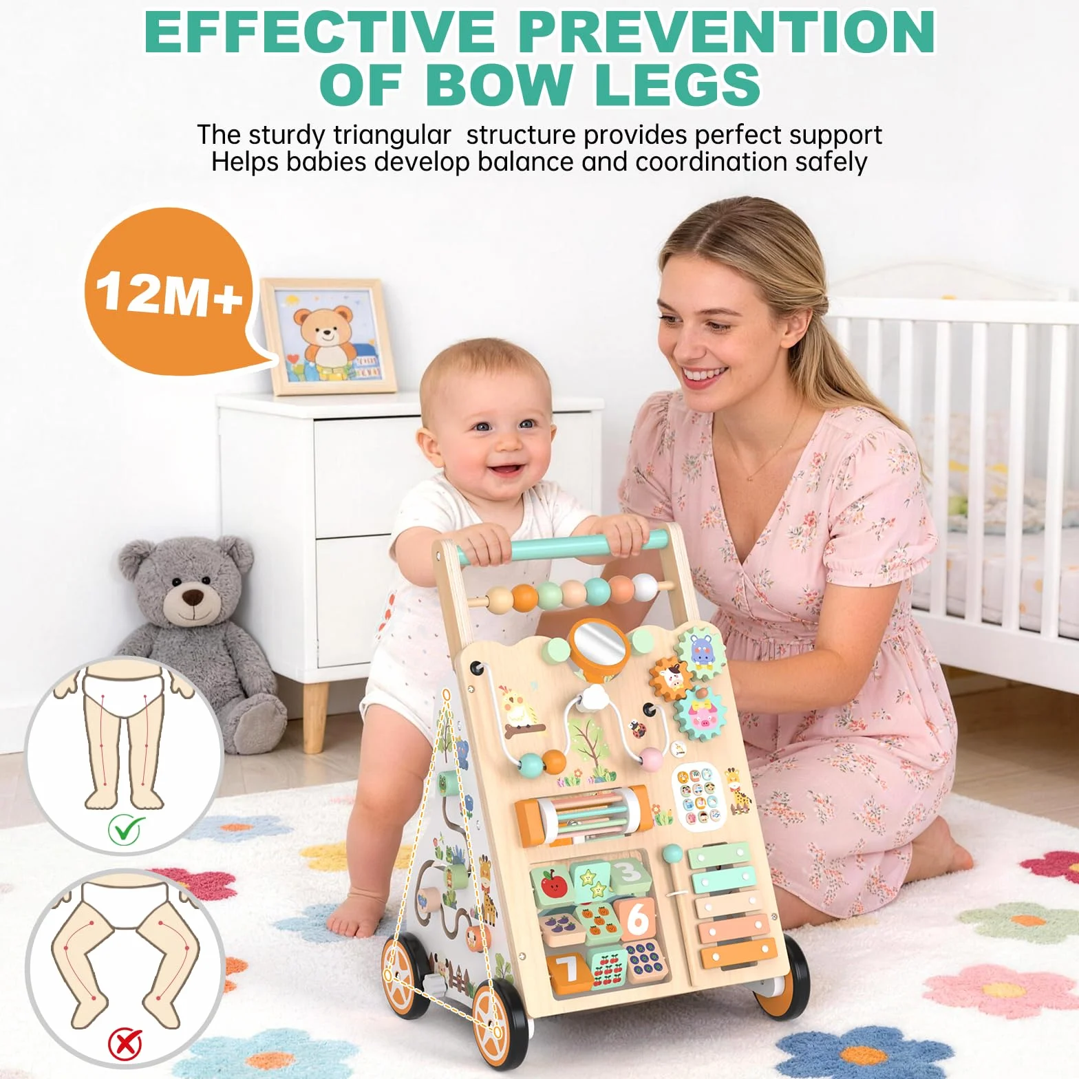 Andador de madera para niños 12+ meses, caminador Montessori con centro de actividades, laberinto de cuentas, clasificador de formas, xilófono y juego de pesca, altura y velocidad ajustables