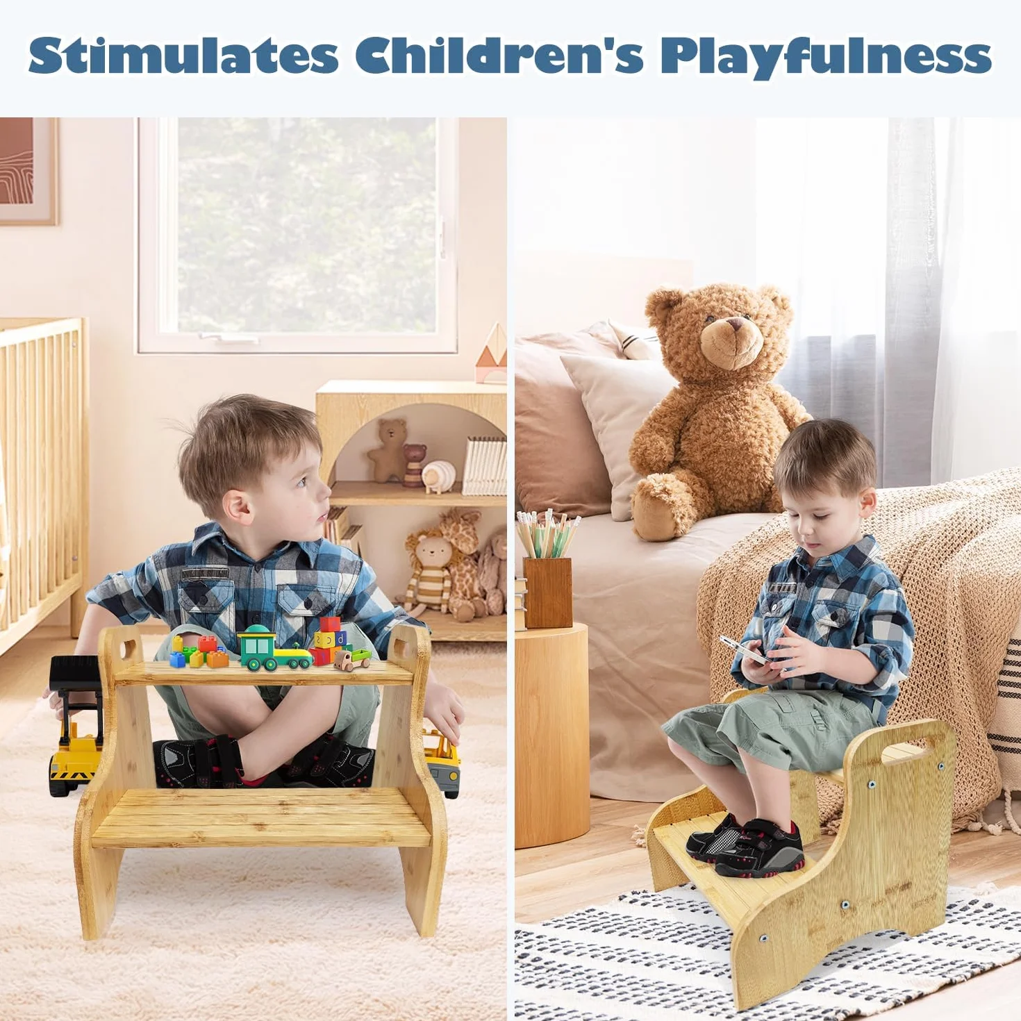Taburete Infantil Bambú 2 Peldaños 80 kg Antideslizante Asas Portátiles