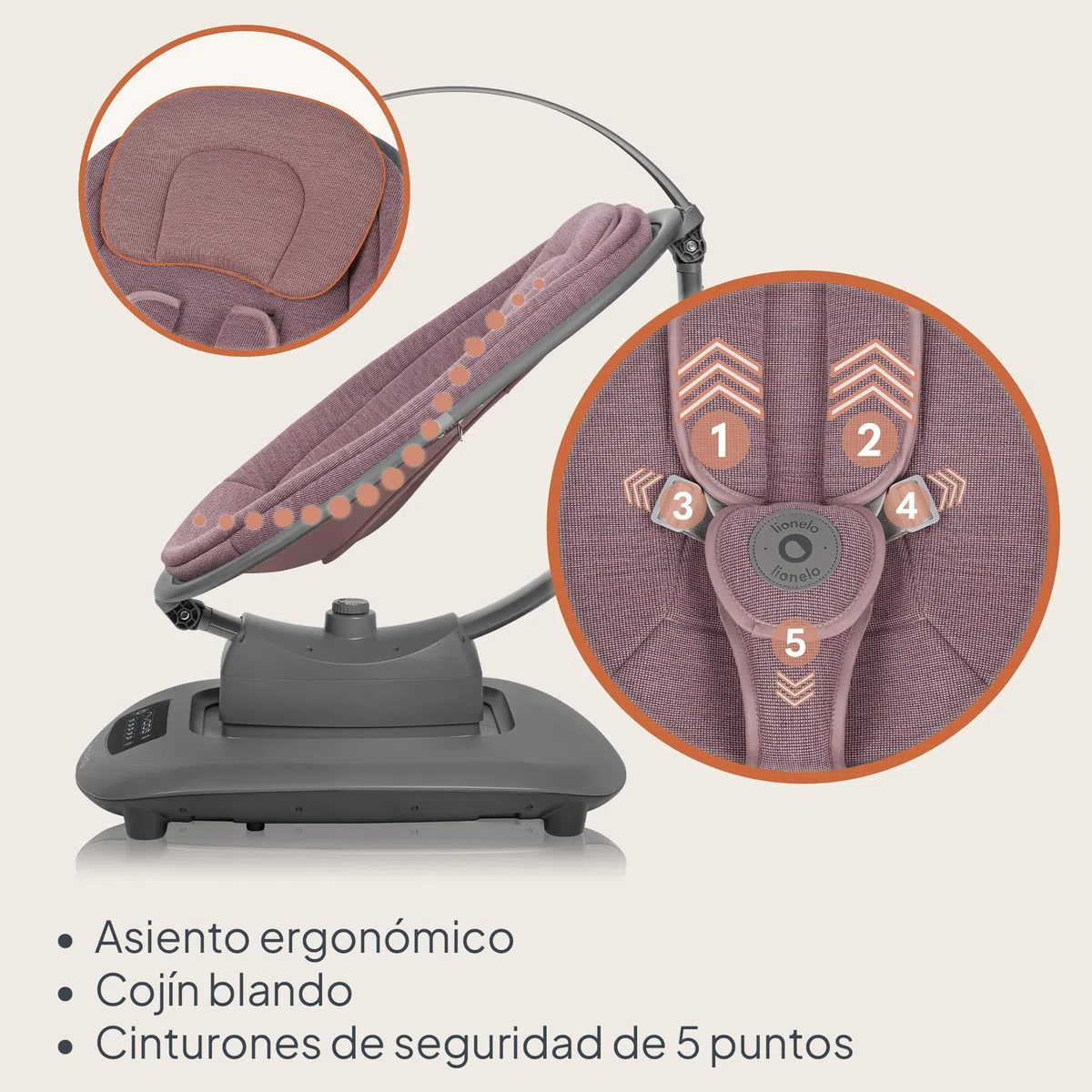 LIONELO BLOSSOM Hamaca bebé eléctrica hasta 9 kg Silla Mecedora para Bebé Respaldo Ajustable Balanceo natural 5 Velocidades Asiento Ergonómico Bluetooth Mando a Distancia, 5 melodías