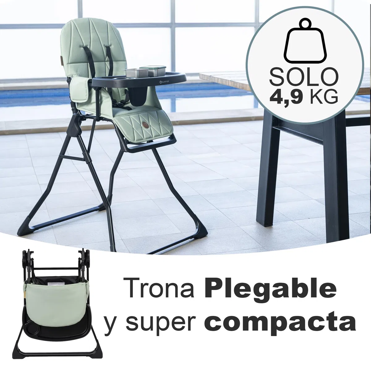 Olmitos – Trona para Bebé Plegable Ligera y Ultracompacta MINNA – Trona portátil de viaje 4.9kg ergonómica con Funda Acolchada de 6 meses a 3 años - reposapiés ajustable y Arnés 5 Puntos, Verde
