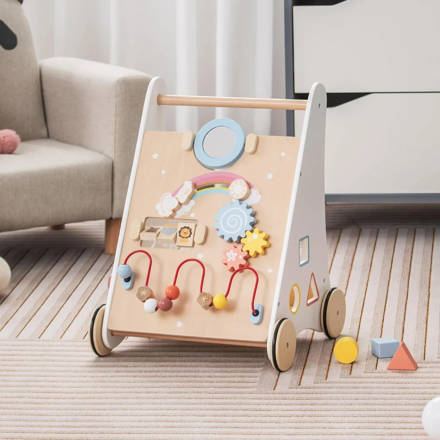 FANTASK Andador 7 en 1 de Madera, con Caja de Almacenamiento, Color Blanco, con Tablero de Juego, Espejo y Bloques de construcción, para bebés a Partir de 1 año