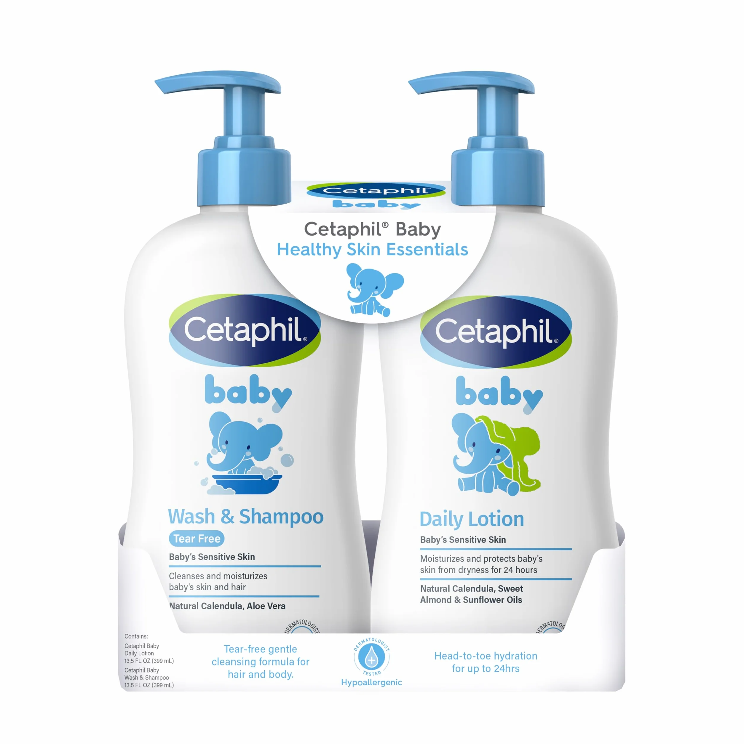 Cetaphil Baby Wash & Shampoo Plus Body Lotion, Healthy Skin Essentials, Hidración Head to Toe para hasta 24 horas, para Delicate, Sensitive Skin, 2 unidades, color blanco