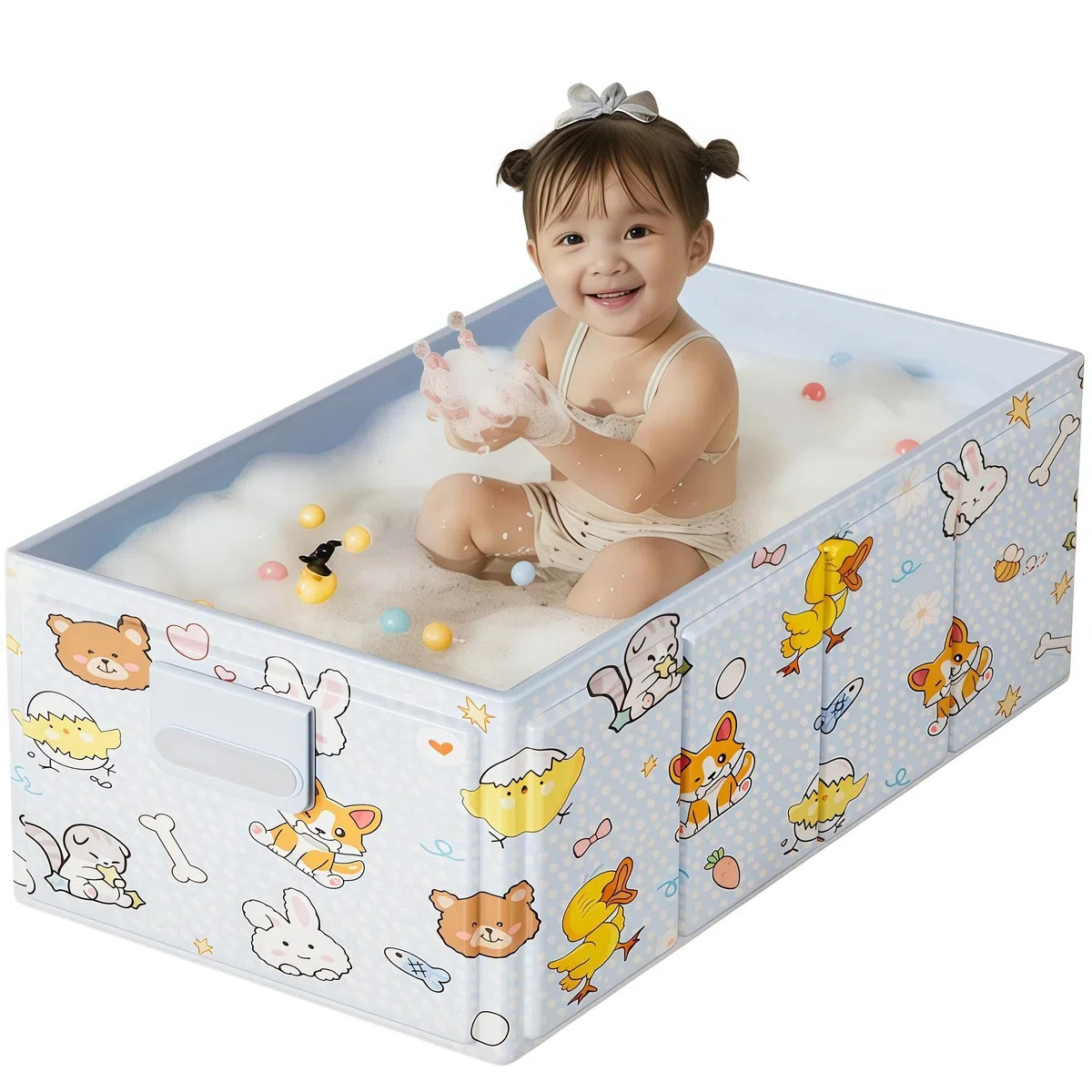 Bañera Bebé Plegable, Modelo Portátil para Recién Nacidos y Niños 0–3 Años, Diseño Ahorra Espacio con Animales, PVC Impermeable, para Ducha, Viaje y Casa, Amarillo