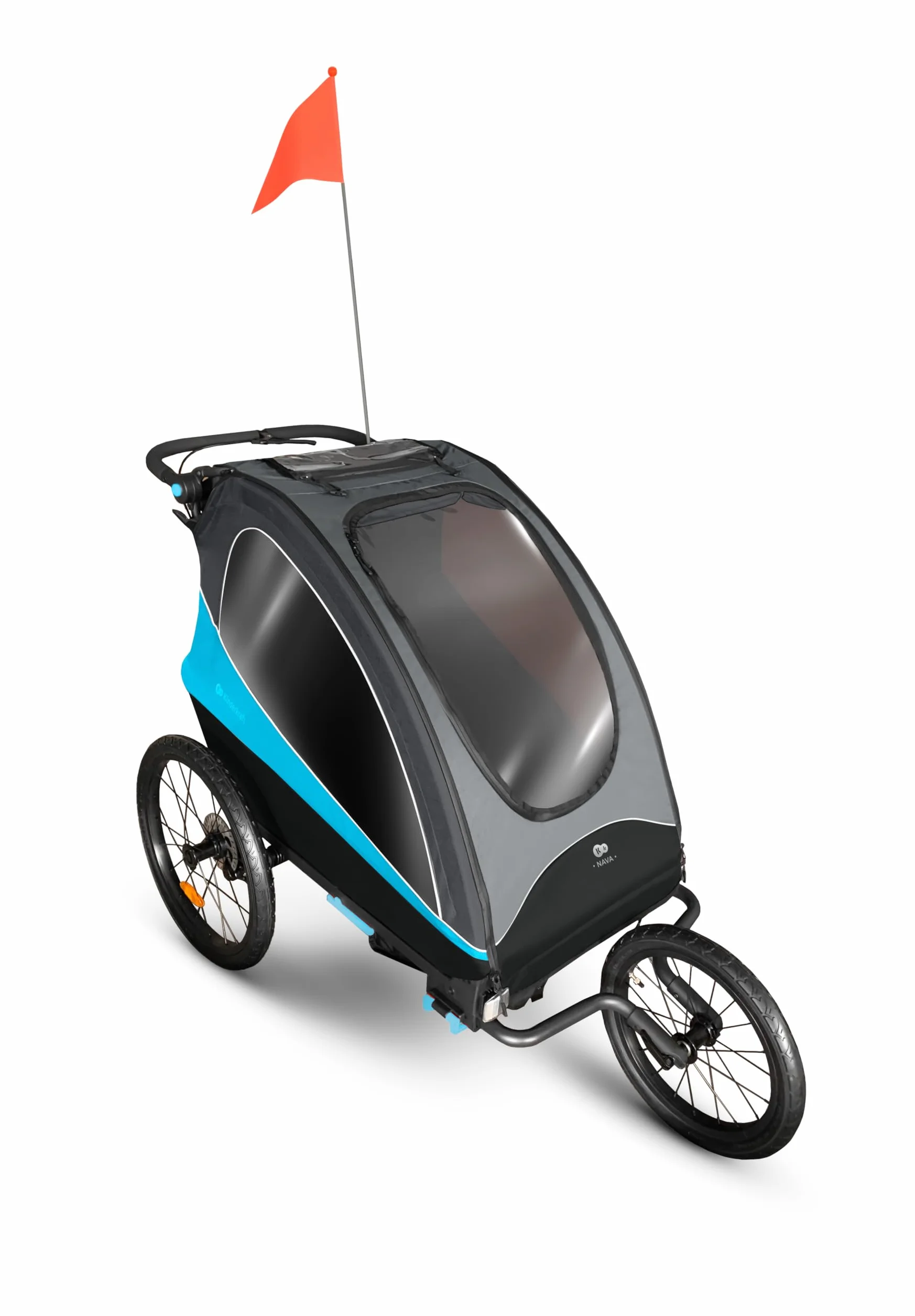 Kinderkraft NAVA 3 in 1, Rimorchio per bambini, Passeggino, Jogger, Carrozzina, Rimorchio per bicicletta, per uno o due bambini, 2x22 kg, Parapioggia, Protezione dagli insetti, Azul