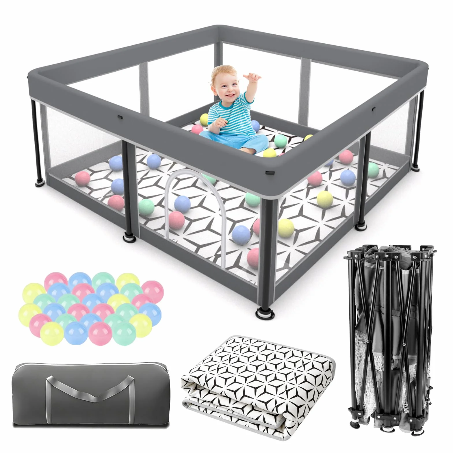 Parque infantil plegable para bebé con alfombrilla - 127x127CM - Parque, montaje rápido, seguro y portátil para interior y exterior (gris)