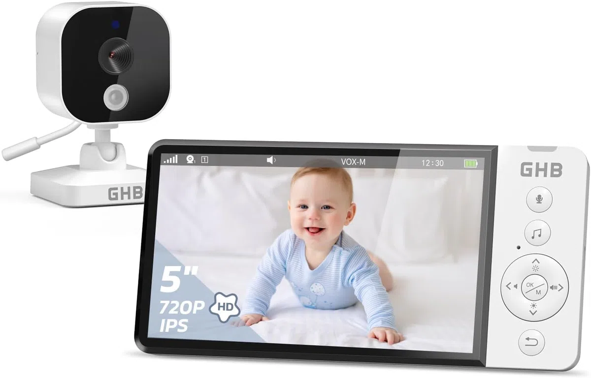 GHB Camara Vigilancia Bebe 5" 720P HD IPS Vigilabebes con Camara con Pantalla de 5000mAh, Visión Nocturna, Comunicación Bidirecciona Escucha Bebes