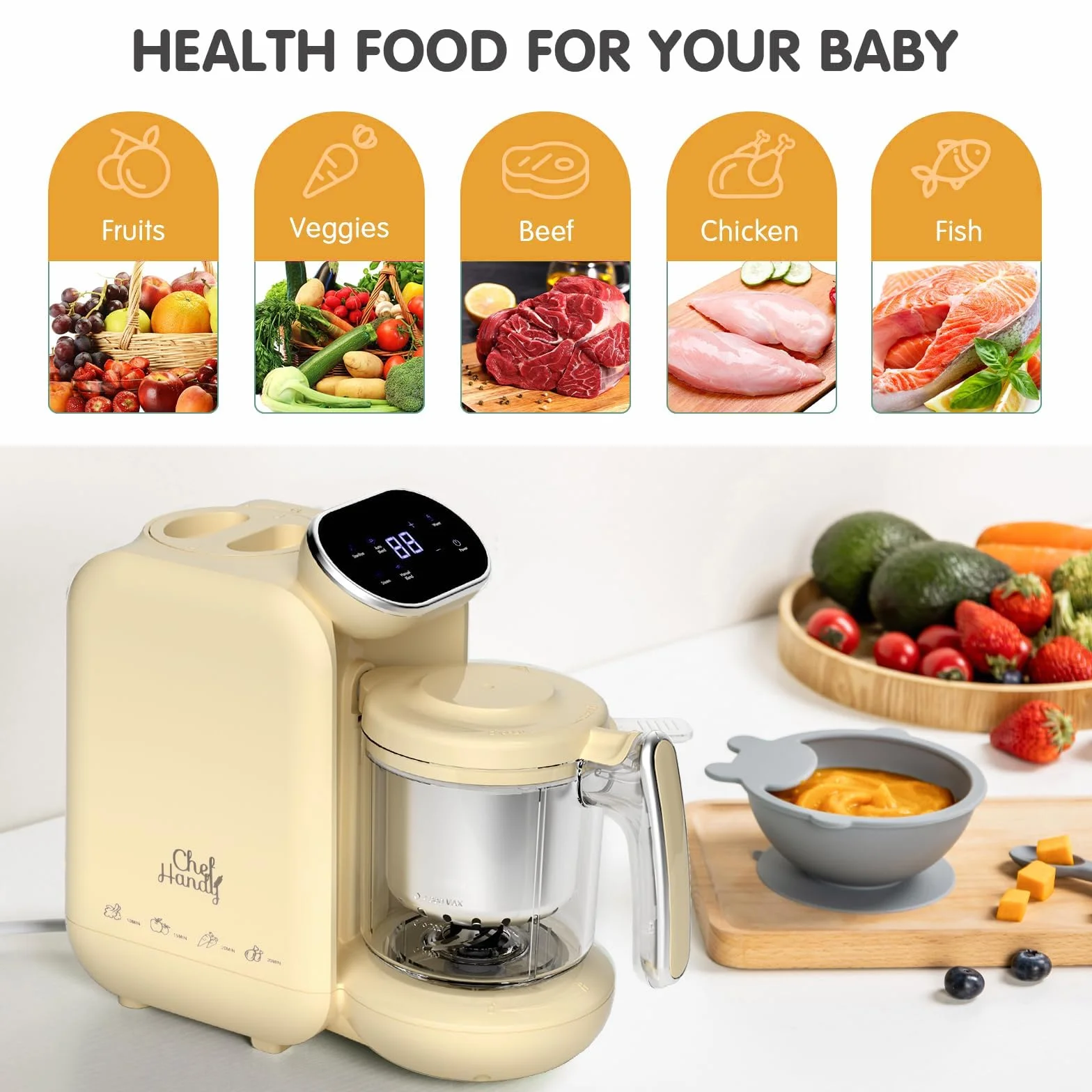 Procesador de alimentos para bebé 5 en 1, Multifuncional con Control Inteligente, Vaporera y Molinillo, Auto-Cocción y Molienda, Calentador de Comida para Bebés - Máquina de Molinos Amarillo