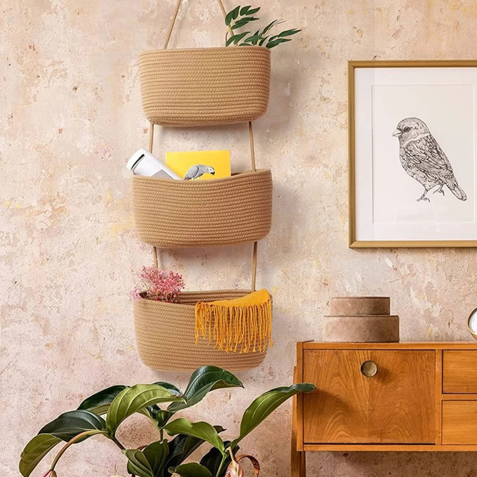 Organizador colgante, cesta colgante de pared de 3 niveles, cesta colgante de pared, cestas de almacenamiento de cuerda de algodón, cesta colgante para salón, dormitorio, baño, habitación infantil (B)