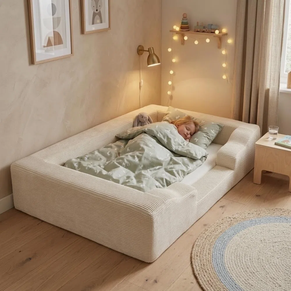 Wonder Space Cama de espuma para niños pequeños, marco de transición suave de cuna a cama con funda de pana extraíble lavable, base de cama de espuma viscoelástica para niños de 1 a 5 años, se adapta