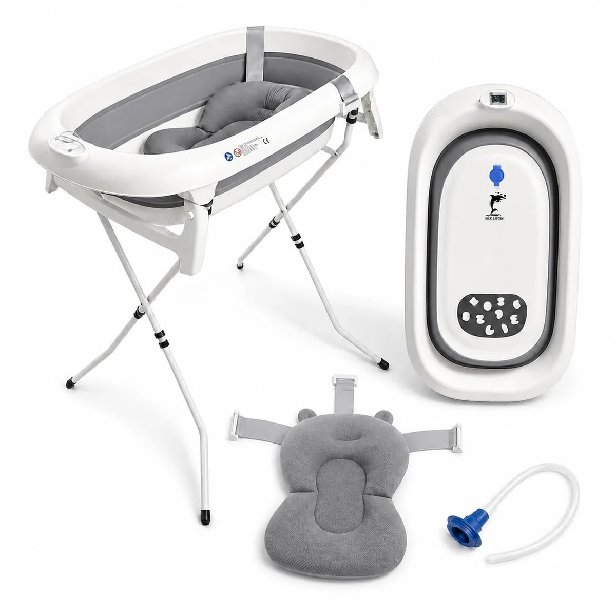 Bañera plegable para bebé con soporte de acero, termómetro integrado, cojín ergonómico y manguera de drenaje - Baby Dolphin - Compacto y transportable 0-3 años, gris