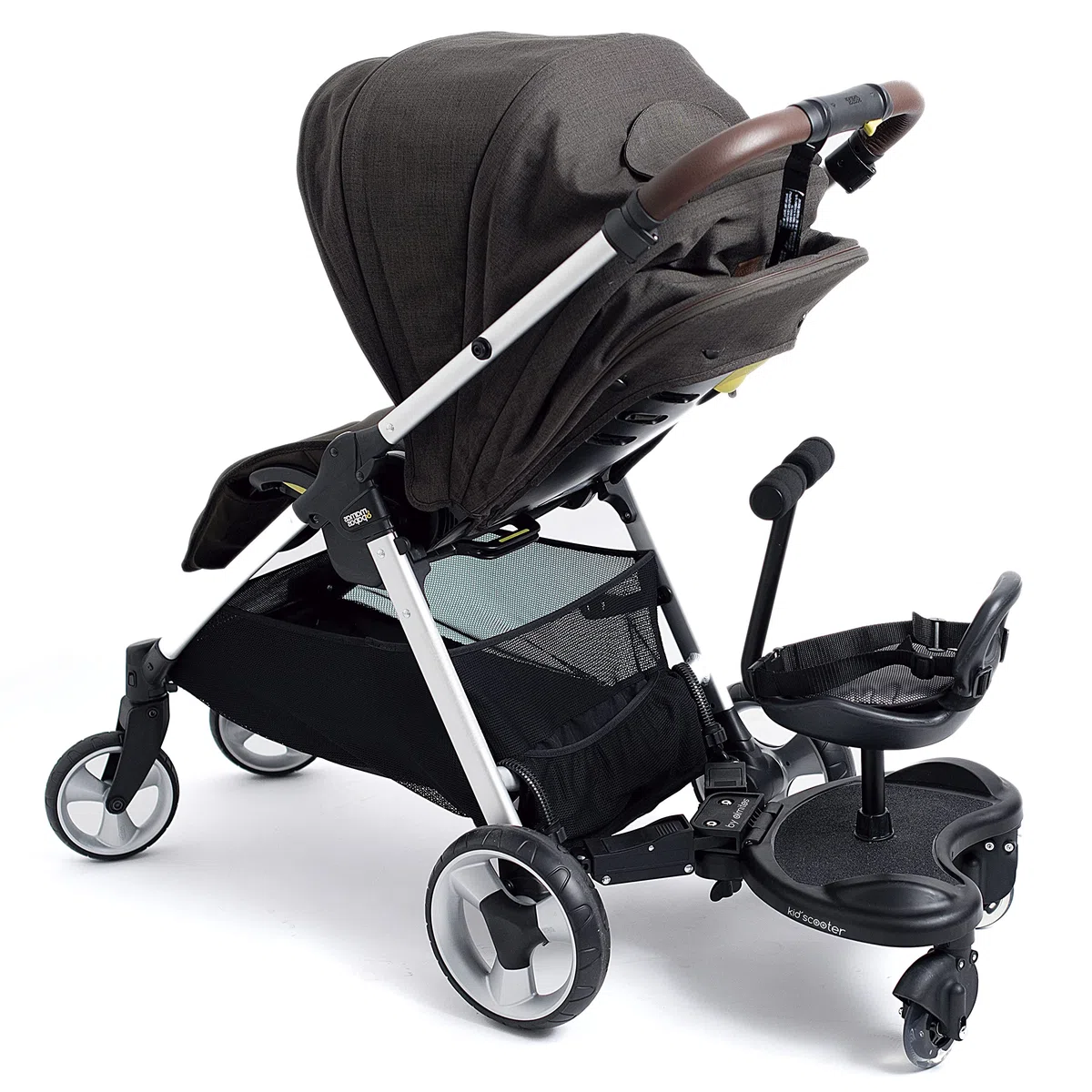 Olmitos - Patinete y Asiento Universal para Carrito de Bebé Negro - Plataforma Adaptable para Silla de Paseo - Fácil de montar - Incluye almohada acolchada y superficie antideslizante