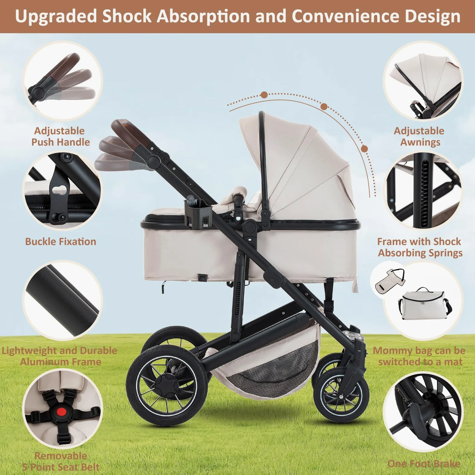 Zkiprm Cochecito 3 en 1, Sistema de viaje con asiento de coche, cochecito y capazo, reposabrazos ajustables, revestimiento de lluvia, mosquitera, guantes chasis de aluminio, Para niños de 0 a 4 años