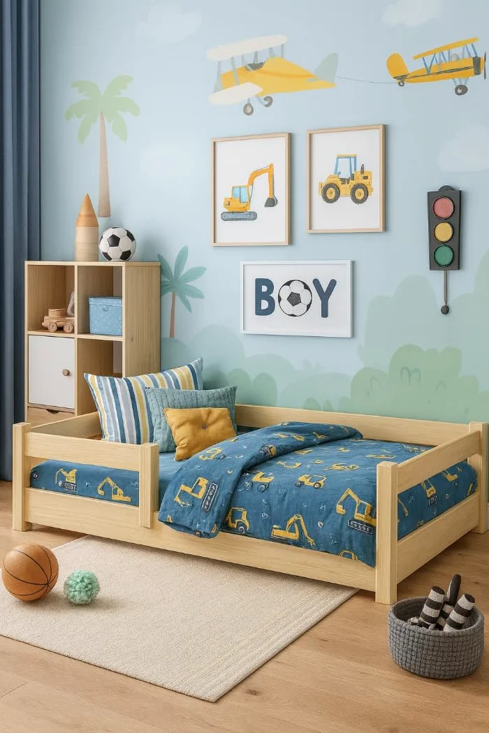 KOBI Cama Infantil 120x60 cm, con barandilla - Nordi Cama de Suelo de Madera de Pino Natural
