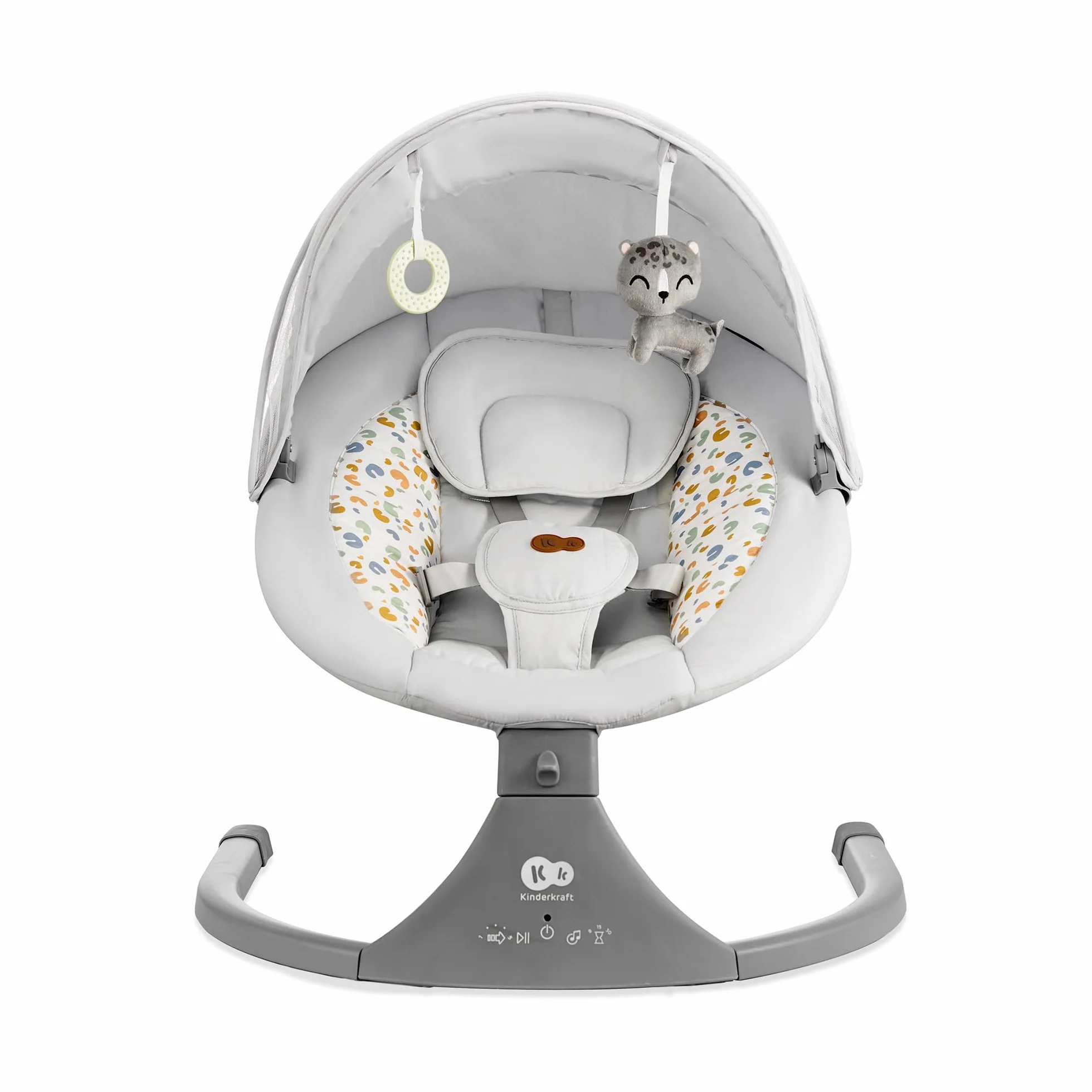 Kinderkraft Hamaca LUMI 2, Columpio eléctrico para bebés, Desde el nacimiento hasta los 9 meses, Altura regulable, 5 modos, 12 melodías, Arco con juguetes, Gris claro