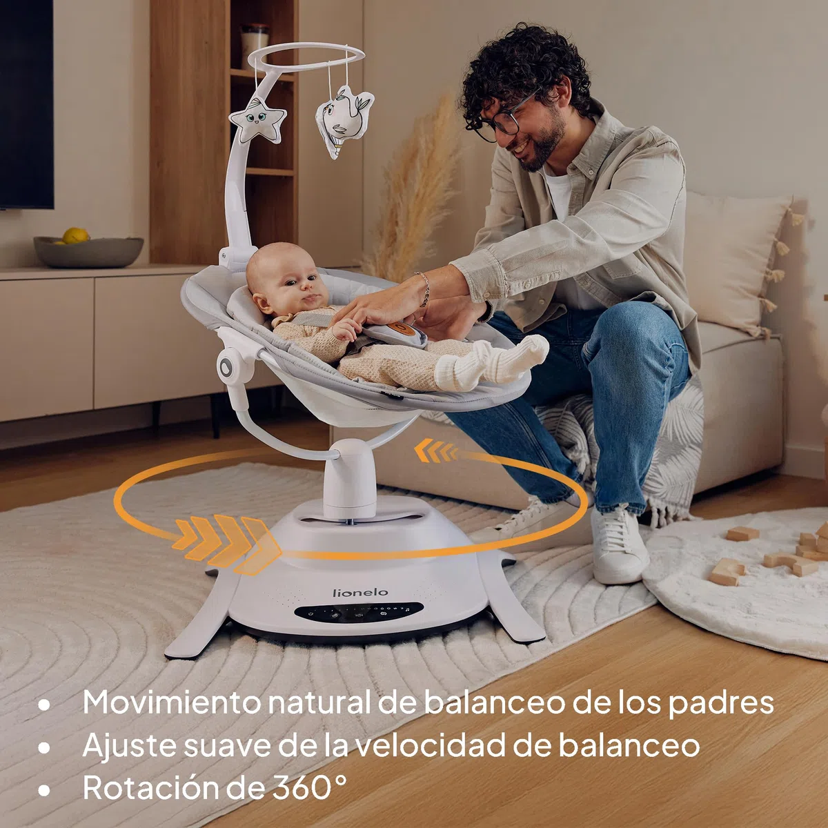 LIONELO Bella Set 2 en 1 - Hamaca eléctrica con capazo 360o para bebés de hasta 9 kg, respaldo reclinable, 5 velocidades de balanceo Cinturón de seguridad antideslizante