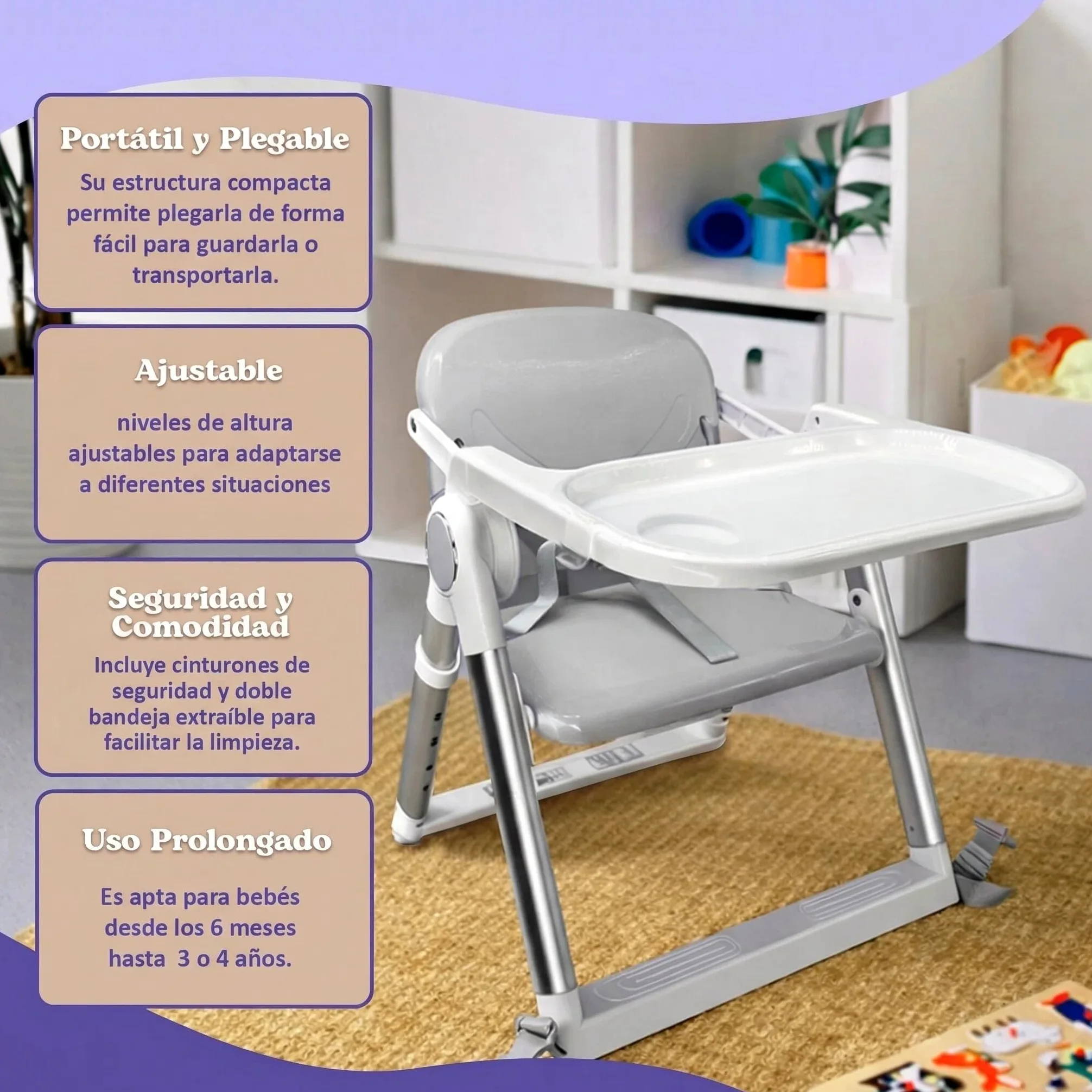 Trona Portátil Plegable Premium para Bebé 2 en 1, Elevador de Silla con Correas de Fijación, 4 Alturas, Bandeja Extraíble, Bolsa de Transporte, 6-36 Meses, hasta 15 kg (GRIS + PLATA)