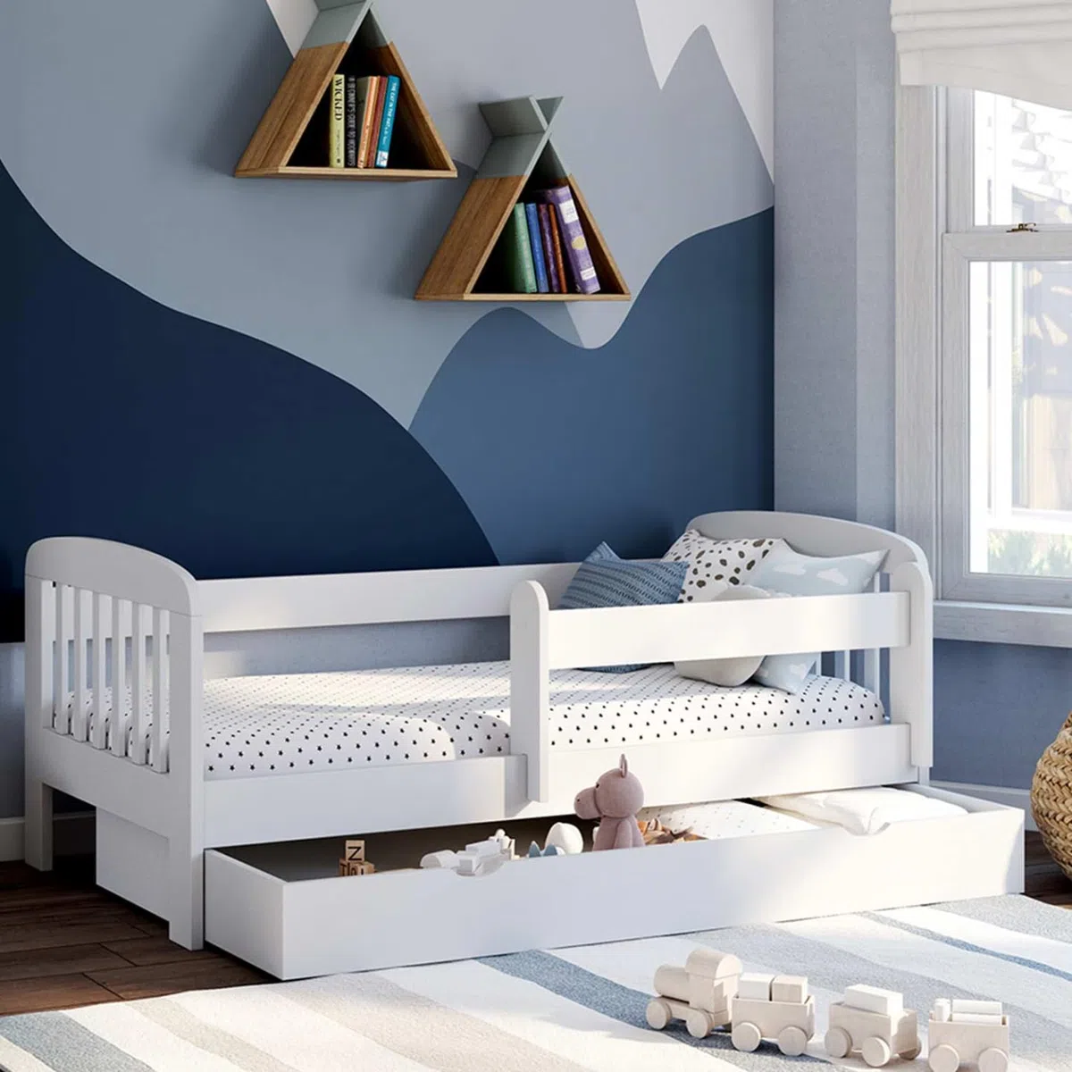 IDMarket - Cama infantil 80 x 160 cm Lilia con 1 cajón, somier y barreras