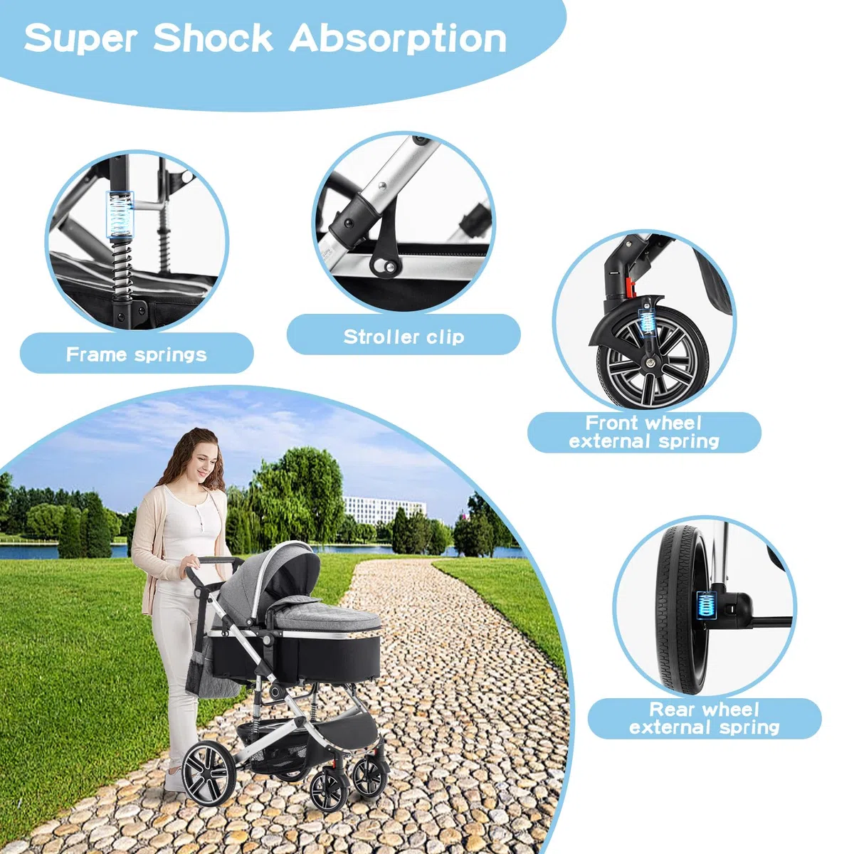 Cochecito Bebe 3 Piezas, el Chasis es de Aluminio, la Cesta Portabebés es de Tela 600D, Silla de Paseo Plegable, incluye Cubierta Para la Lluvia y Mosquitera, Negro