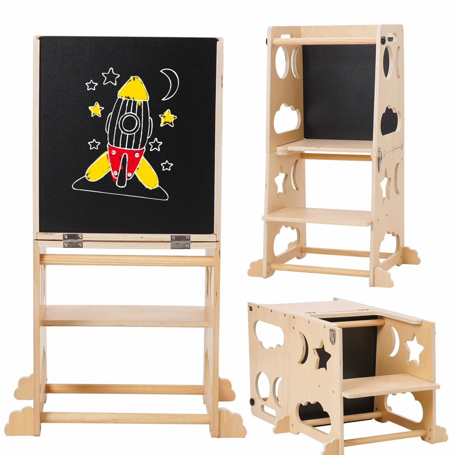 Torre de Aprendizaje Montessori, Torre de Aprendizaje 3 en 1, Taburete Plegable con Pizarra, para Niños de Madera, Taburete de Cocina Auxiliar para Niños, Adecuado para Mesa de Cocina y Baño