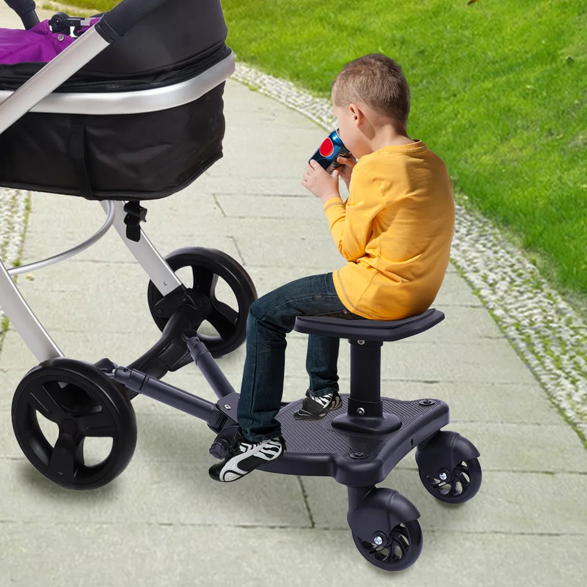 Universal Buggy Board estribo auxiliar pedal adaptador remolque asiento tabla de pie con asiento para cochecito tabla de ruedas de hasta 25 kg negro
