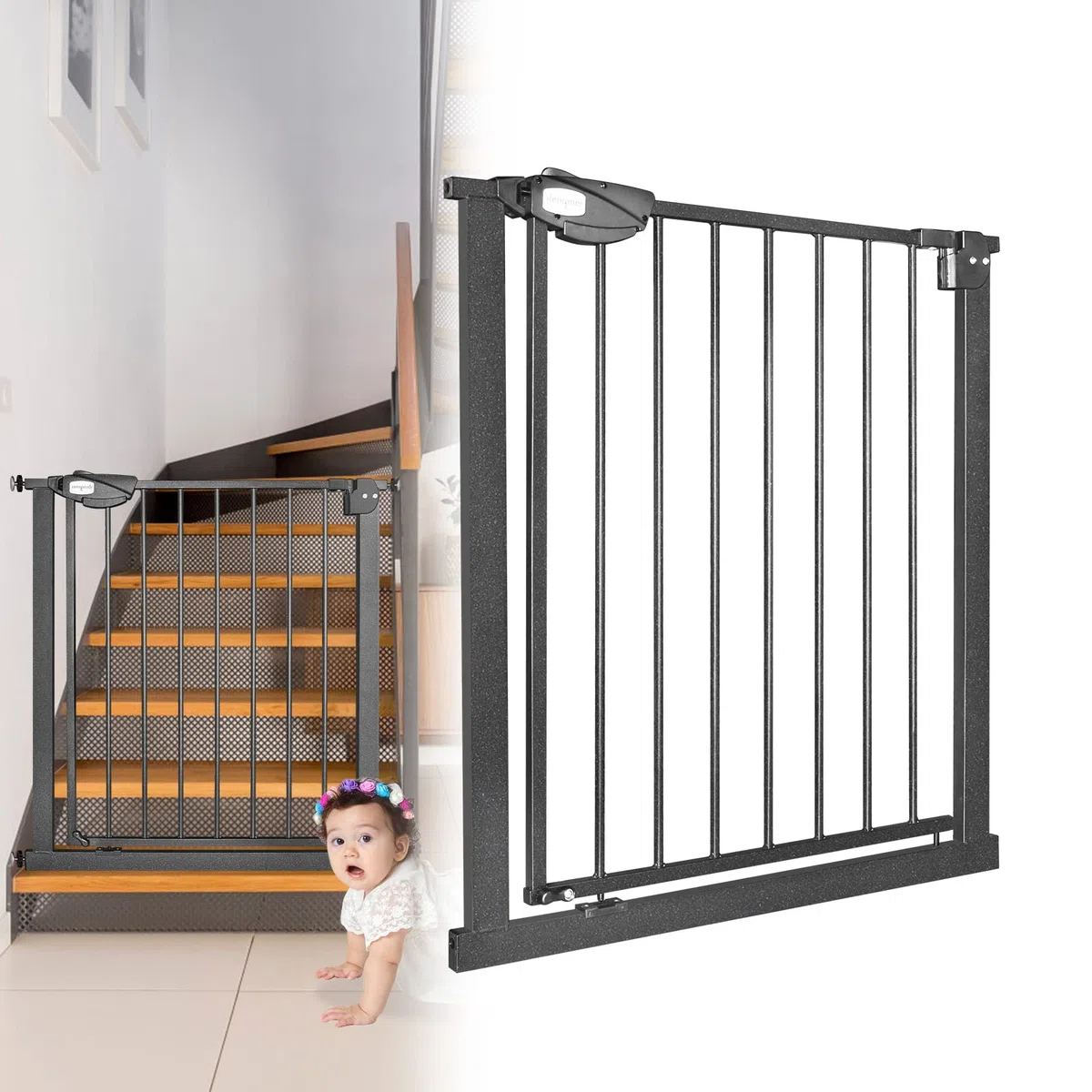Barrera de seguridad para escaleras sin taladrar, 75-85 cm, para niños y mascotas, apertura con una sola mano, color negro