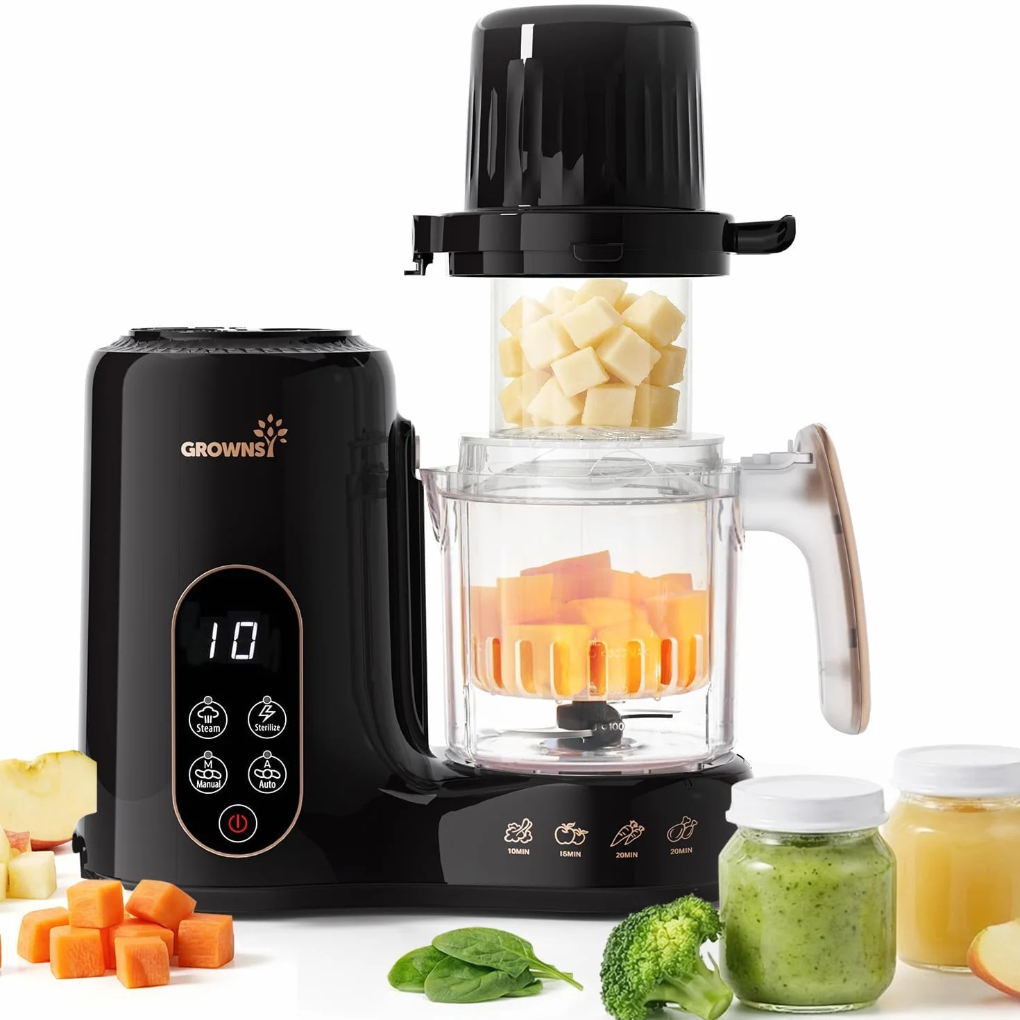 Grownsy Robot de Cocina para Bebé 6 en 1 con Doble Cesta Vapor - Cocina al Vapor, Tritura, Esteriliza, Descongela y Calienta, Comida Casera Saludable, Sin BPA