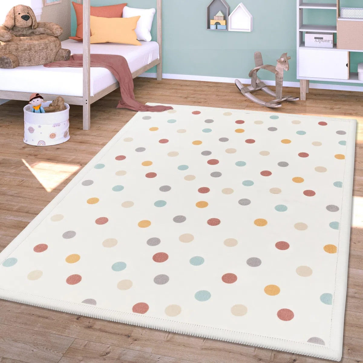 TT Home Alfombra Habitación Infantil De Juego Bebe Lunares Lavable Antideslizante Felpa, Color:AzulAmarilloCrema, Tamaño:80x150 cm