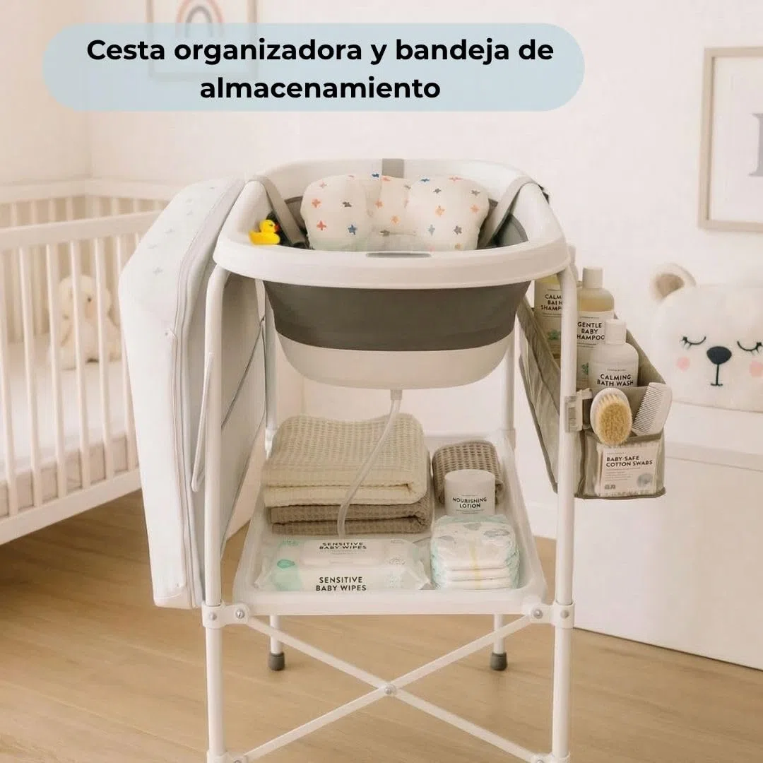 BATHBY Bañera Bebé con Patas Multifuncional 6 en 1: Plegable con Soporte, con Termómetro, Cojín Reductor, Cambiador, Bandeja y Cesta Organizadoras, Desagüe con Tubo y Soporte para Ducha, (Gris Pro)