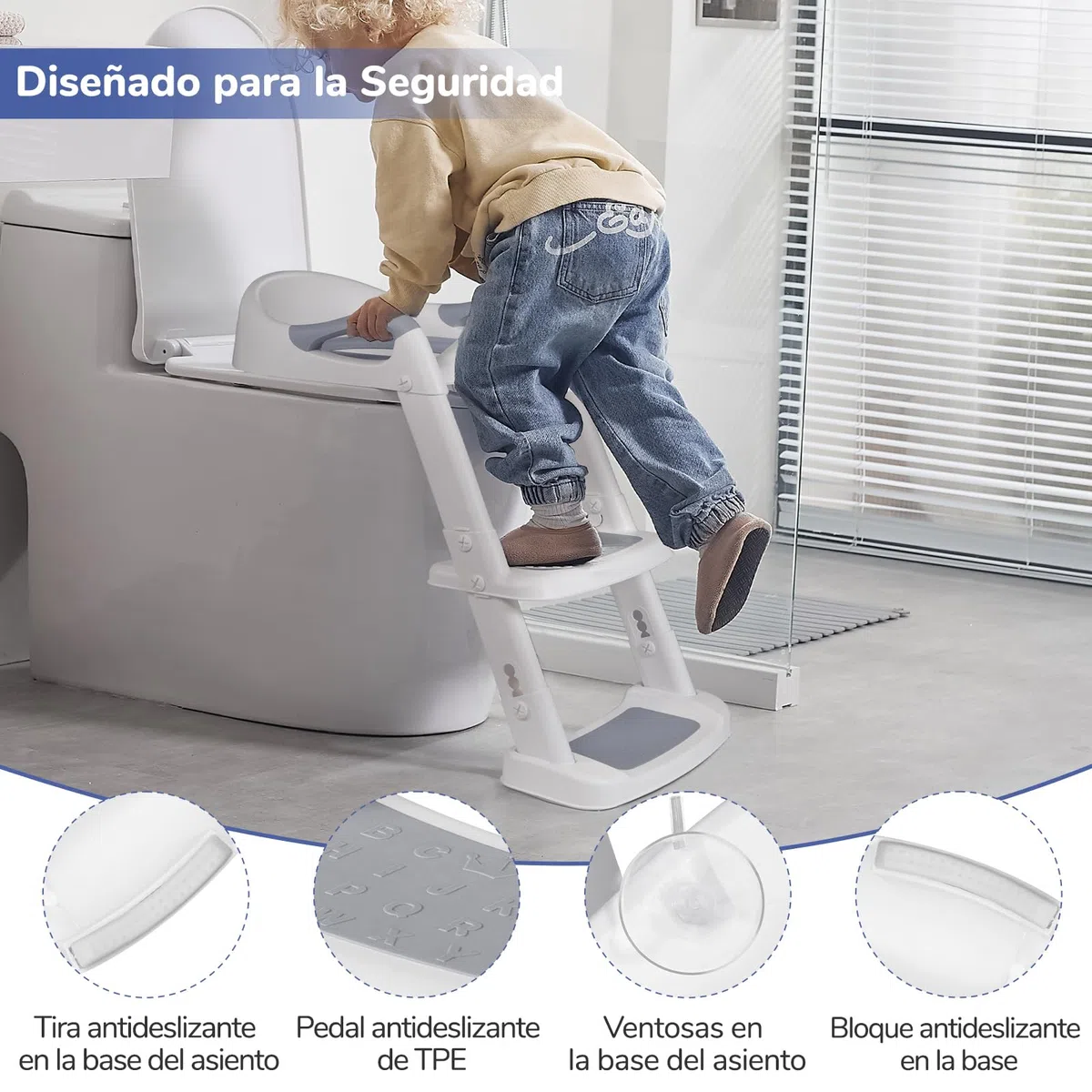 DEANIC Adaptador WC Niños Con Escalera, Reductor WC Niños De 2 a 8 Años, Orinal Portatil Niños Plegable con Reposabrazosy/PU Almohadillas Bebe (Gris)