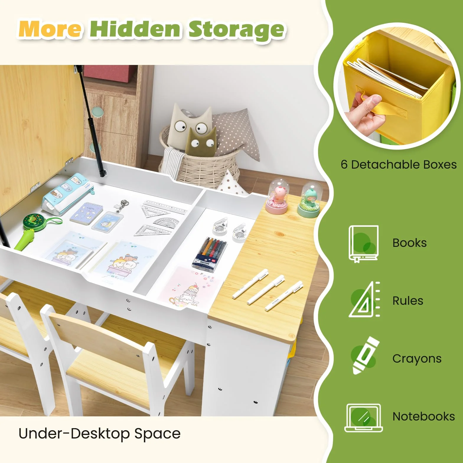 RELAX4LIFE Mesa Infantil con 2 Sillas, Mesa y Silla Infantil de Madera para Niños con Encimera Elevable, 2 Espacio Interior, 6 Cajones de Tela, 4 Tazas para Pintar y Rollo de Papel (Natural)