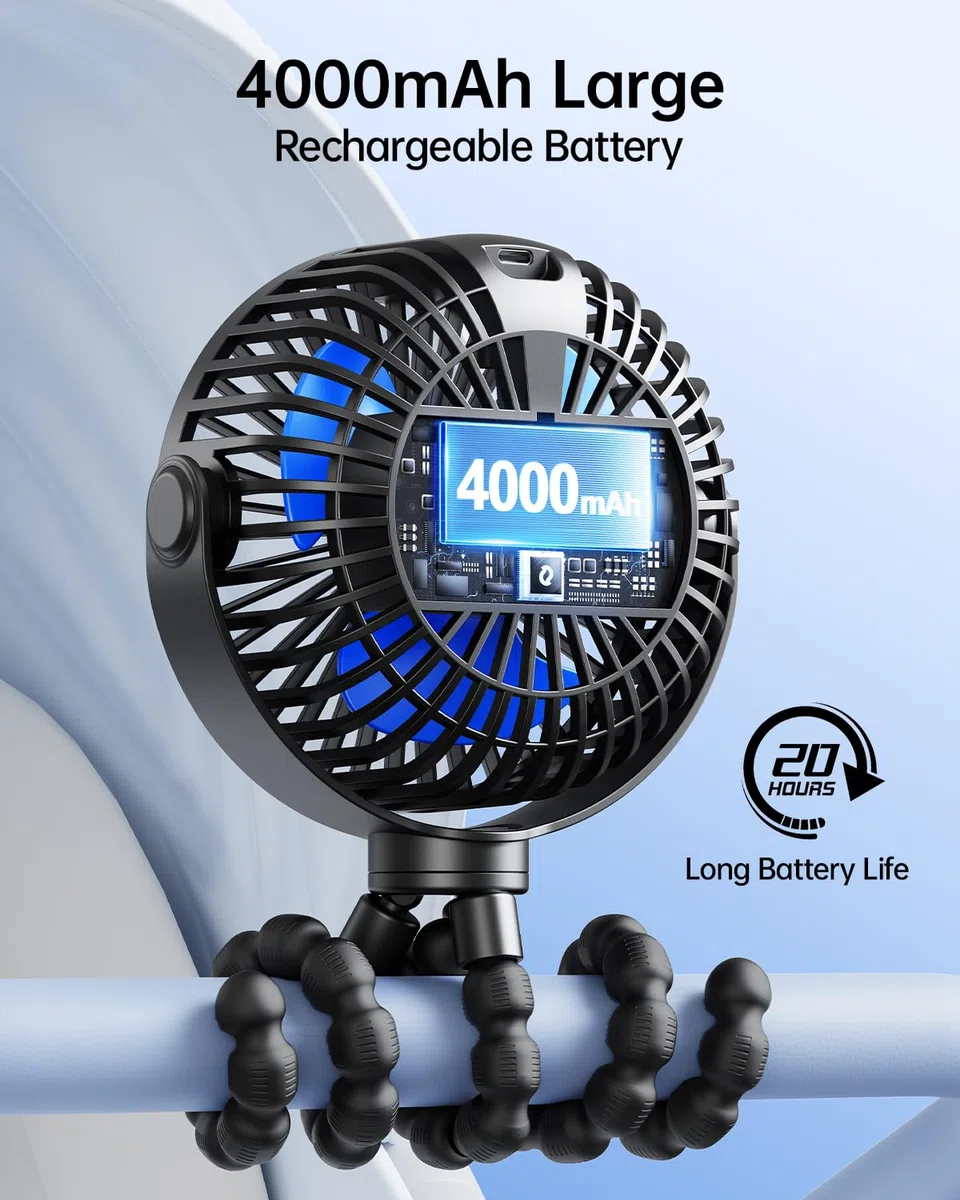 SWEETFULL Ventilador de cochecito de bebé, ventilador de cochecito de 6000 mAh, funciona con pilas, portátil, asiento de coche, bicicleta, viajes