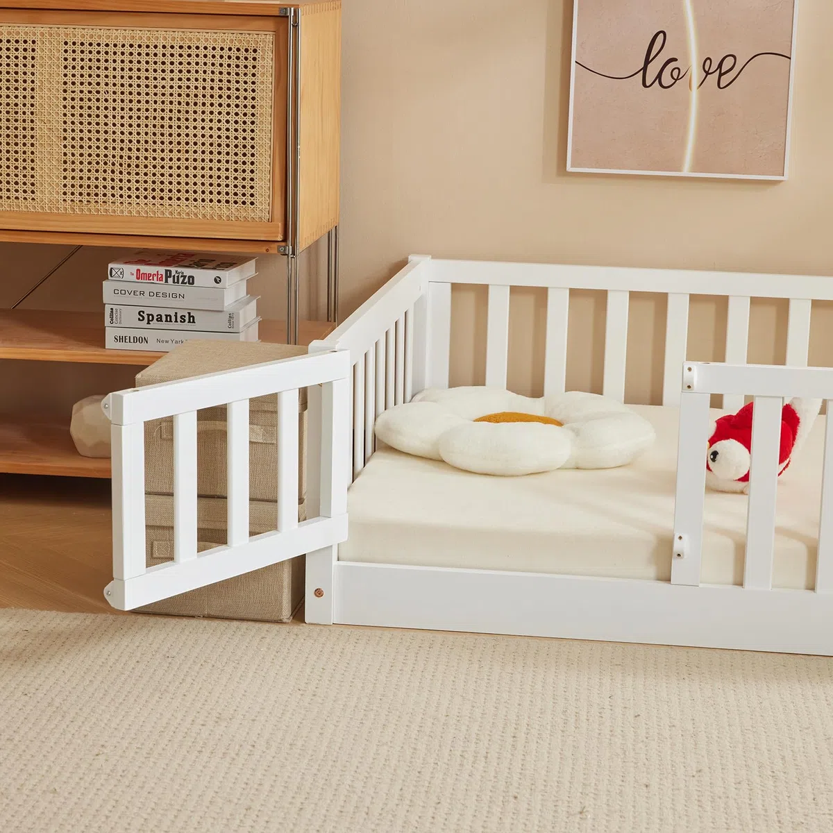 Bonnlo Cama Infantil con Puerta, Barrera anticaída, 90x200 cm Blanca, Cama casita de Madera Maciza con somier (Blanco, 90x200cm)