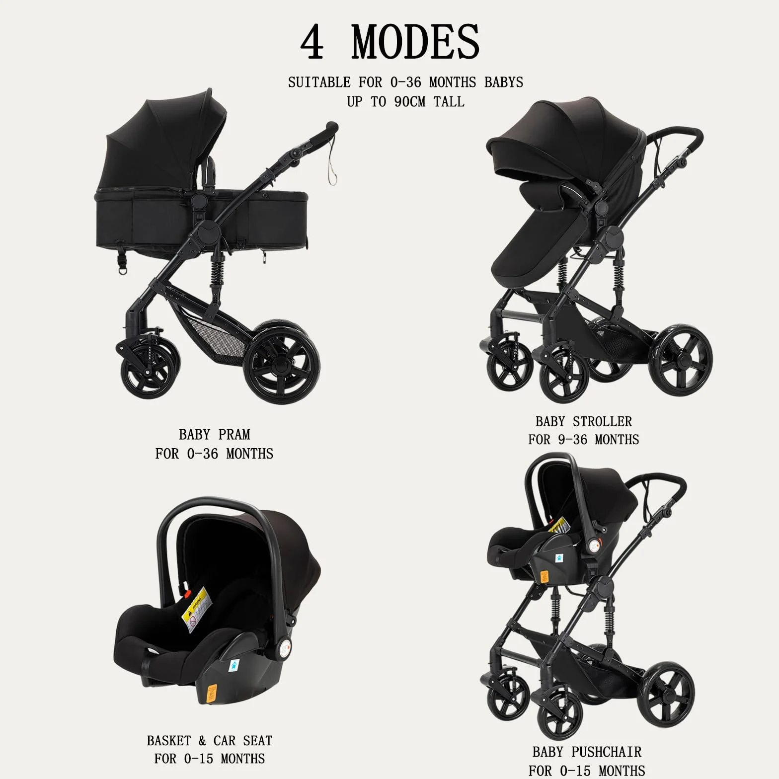 Carrito bebe 3 en 1, Capazo, Cochecito Deportivo y Silla de Coche, para Bebés de 0 a 36 Meses (Negro)