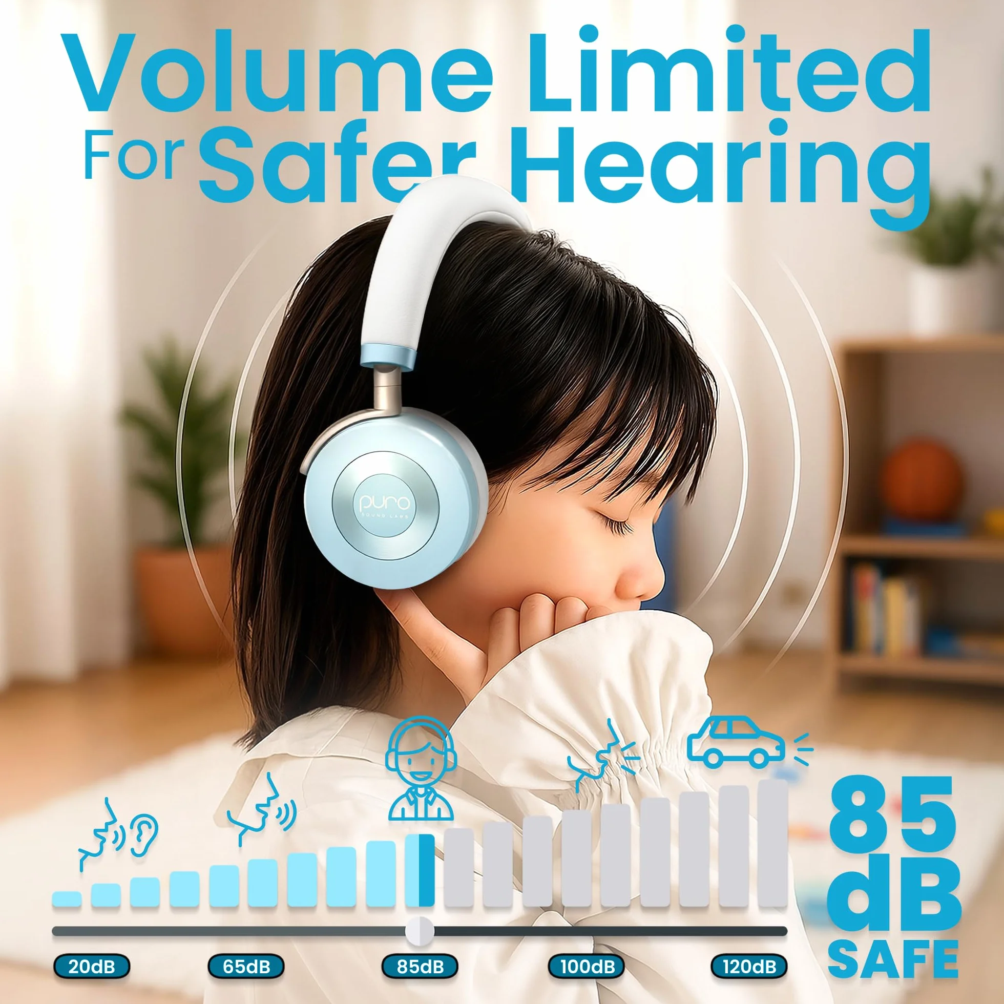 Puro Sound Labs Auriculares JuniorJam Plus con Limitación de Volumen para Niños, límite de 85 dB, Auriculares Bluetooth Ajustables para tabletas, Smartphones, Ordenadores - 22 Horas de autonomía