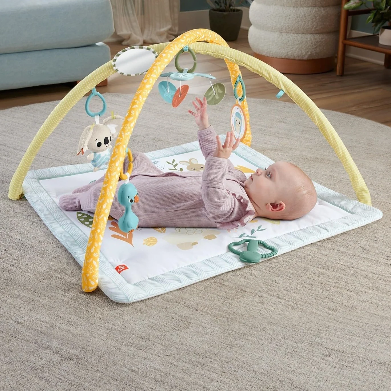 Fisher-Price Sensimals Gimnasio Infantil Simply Senses Alfombra de Actividades con Juguetes sensoriales para bebé recién Nacido (Mattel HRB15)