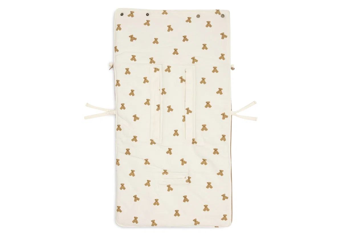 Jollein Saco Saco de pies - Mini Teddy Bear – Para sillas de coche del Grupo 0+ y cochecitos – Para arneses de 3 y 5 puntos – Forro polar – Algodón con estampado de osito – Certificado OEKO-TEX