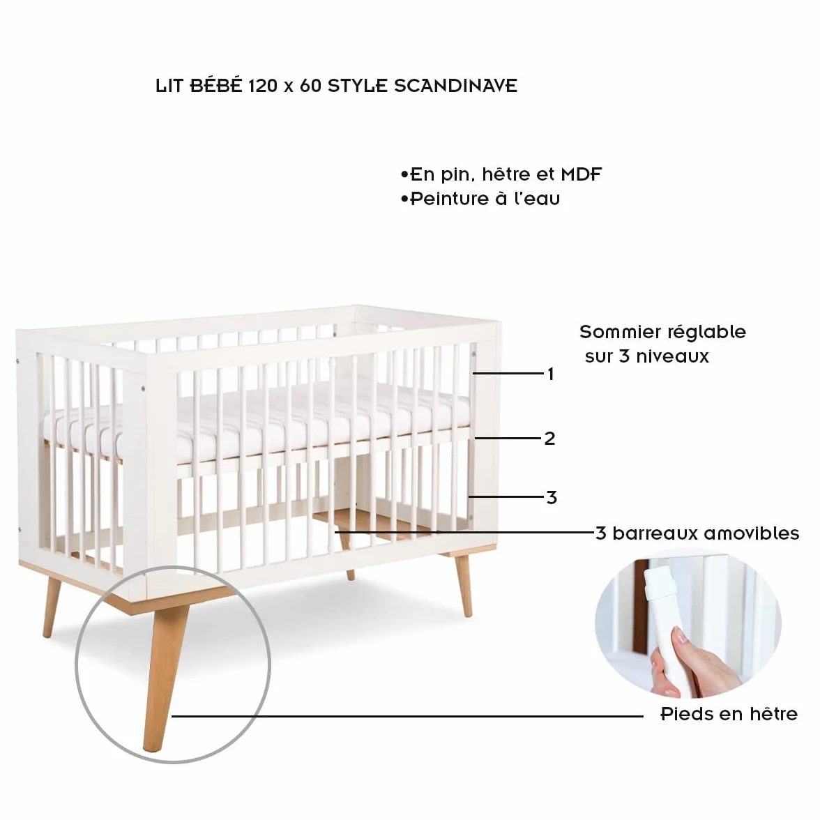 Mi Mobiliario Diseño Sofie Conjunto Cambiador y Cuna Estilo escandinavo 120X60 Blanco