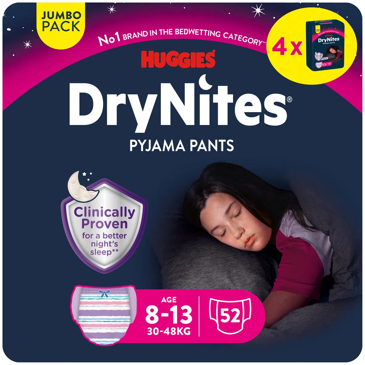 Huggies DryNites Pañales de Noche para Niña 8-13 (30-48 kg), Clínicamente Probado con 5 Capas de Máxima Protección Nocturna, 4 Packs de 13, Total 52 Bragas Absorbentes