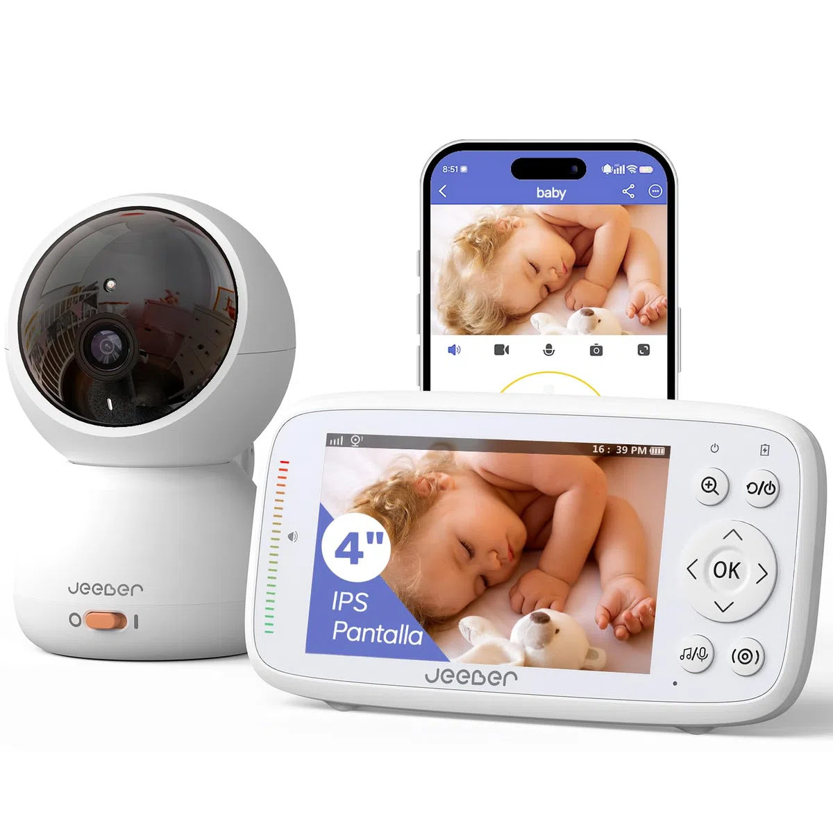Camara Vigilancia Bebe con App Movil, 4" IPS Pantalla, 360 ​​Grados, Visión Nocturna, Detección Inteligente de llanto, Área de Seguridad Personalizada, VOX